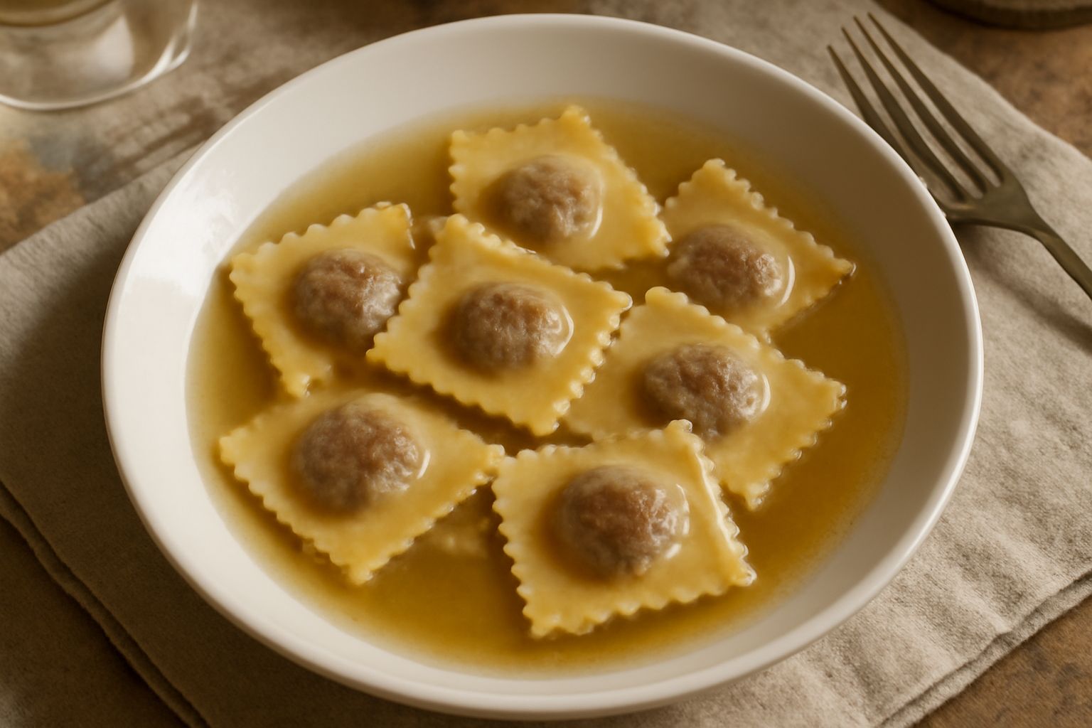 Ravioli cagliaritani quadrati in un piatto fondo bianco con brodo chiaro, cosparsi di formaggio pecorino grattugiato e prezzemolo tritato fresco, vapore che sale