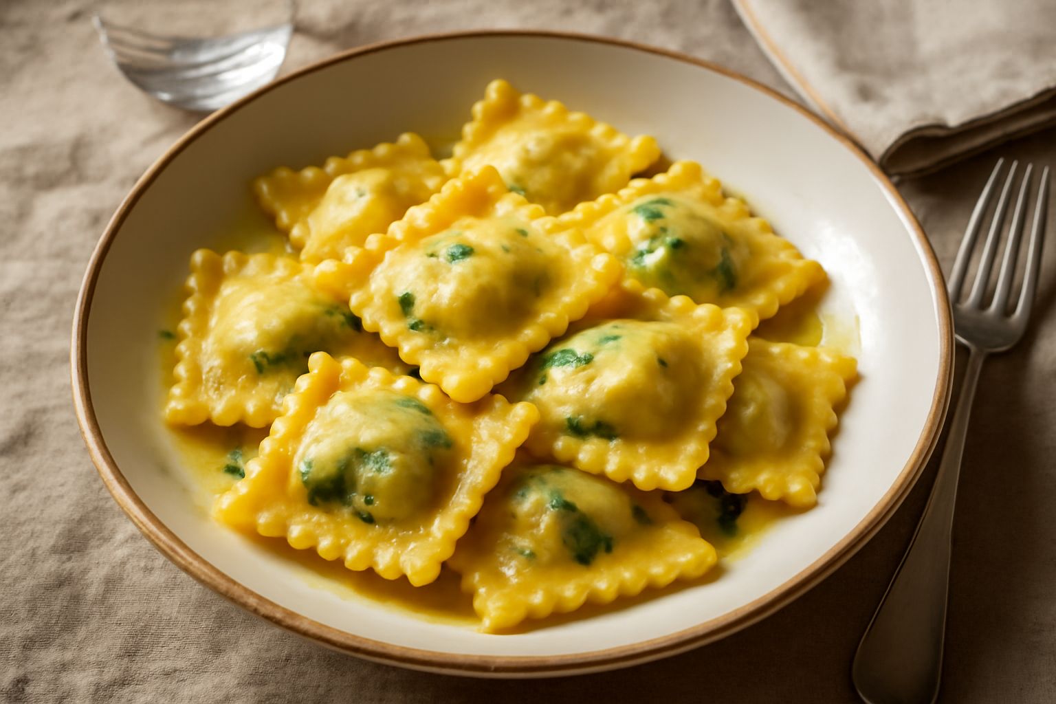 Ravioli appena chiusi disposti su una spianatoia infarinata, con forma quadrata irregolare, sfoglia gialla di uovo, leggero strato di farina, alcuni già pronti per la cottura e uno aperto che mostra i