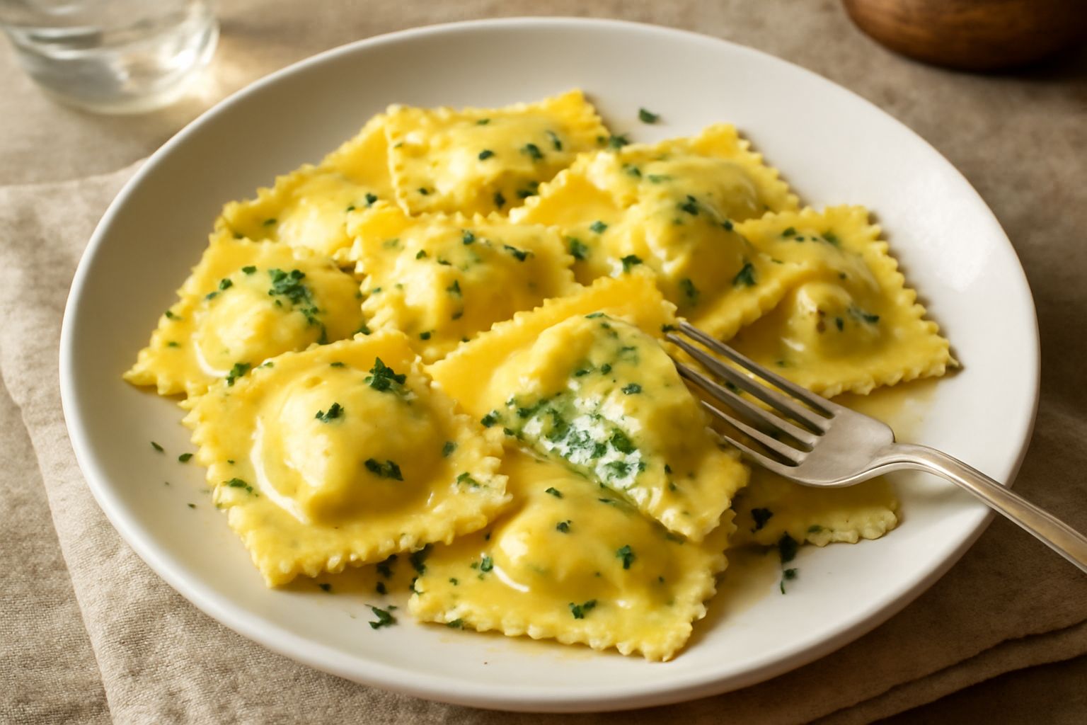 Ravioli quadrati color crema con bordi ondulati ripieni di formaggio e erbe, conditi con burro fuso e parmigiano grattugiato, guarniti con foglie di basilico e pepe nero su piatto bianco