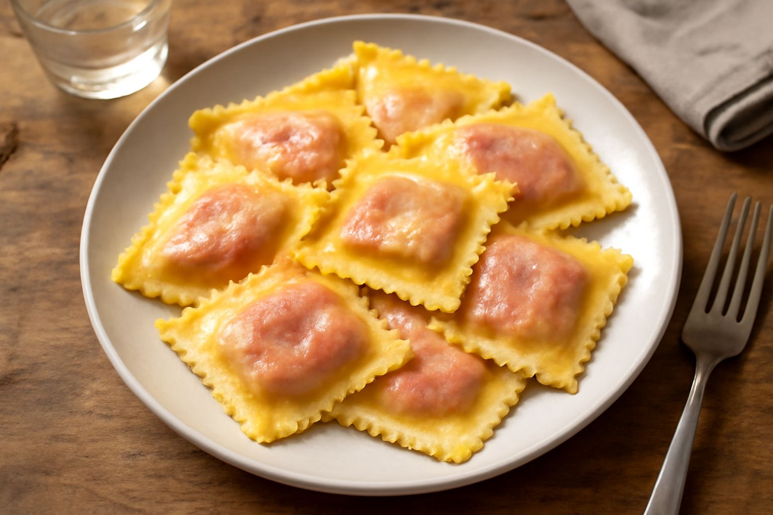 Ravioli quadrati di pasta all'uovo con ripieno che trascolora in rosa, serviti in piatto bianco con burro fuso e foglie di salvia fresca, sfondo chiaro