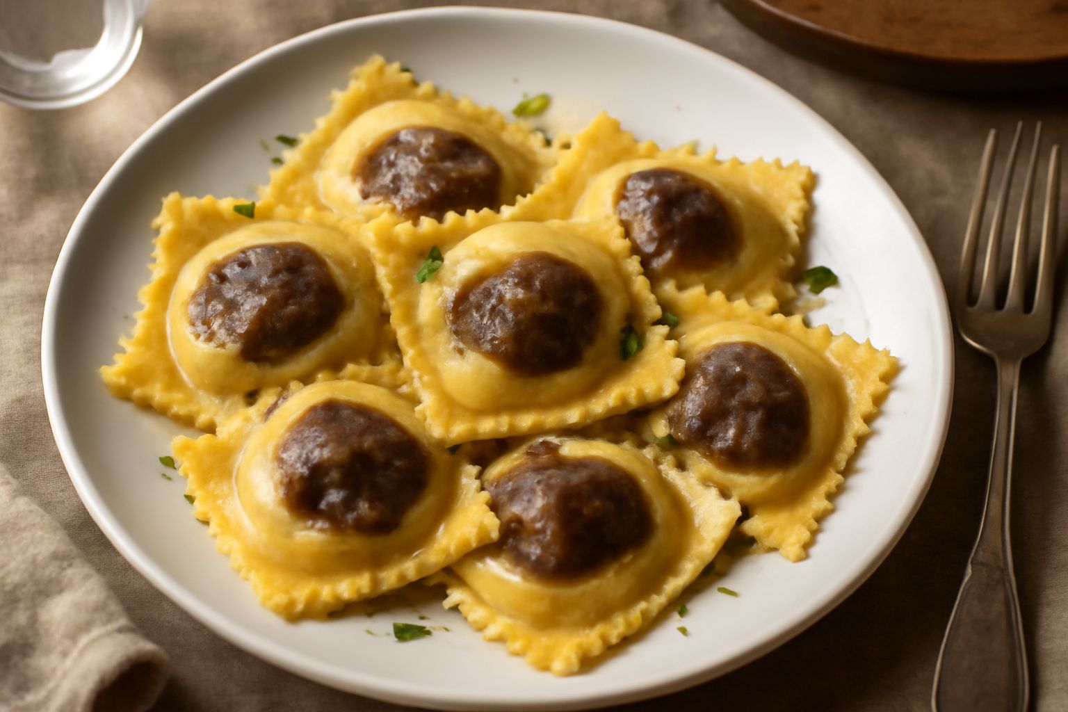 Tre ravioli al burro e salvia su piatto bianco, pasta sfoglia color bionda, ricotta visibile nel ripieno, melanzana brunita, guarnita con una fogliolina di salvia fresca e gocce di burro fuso