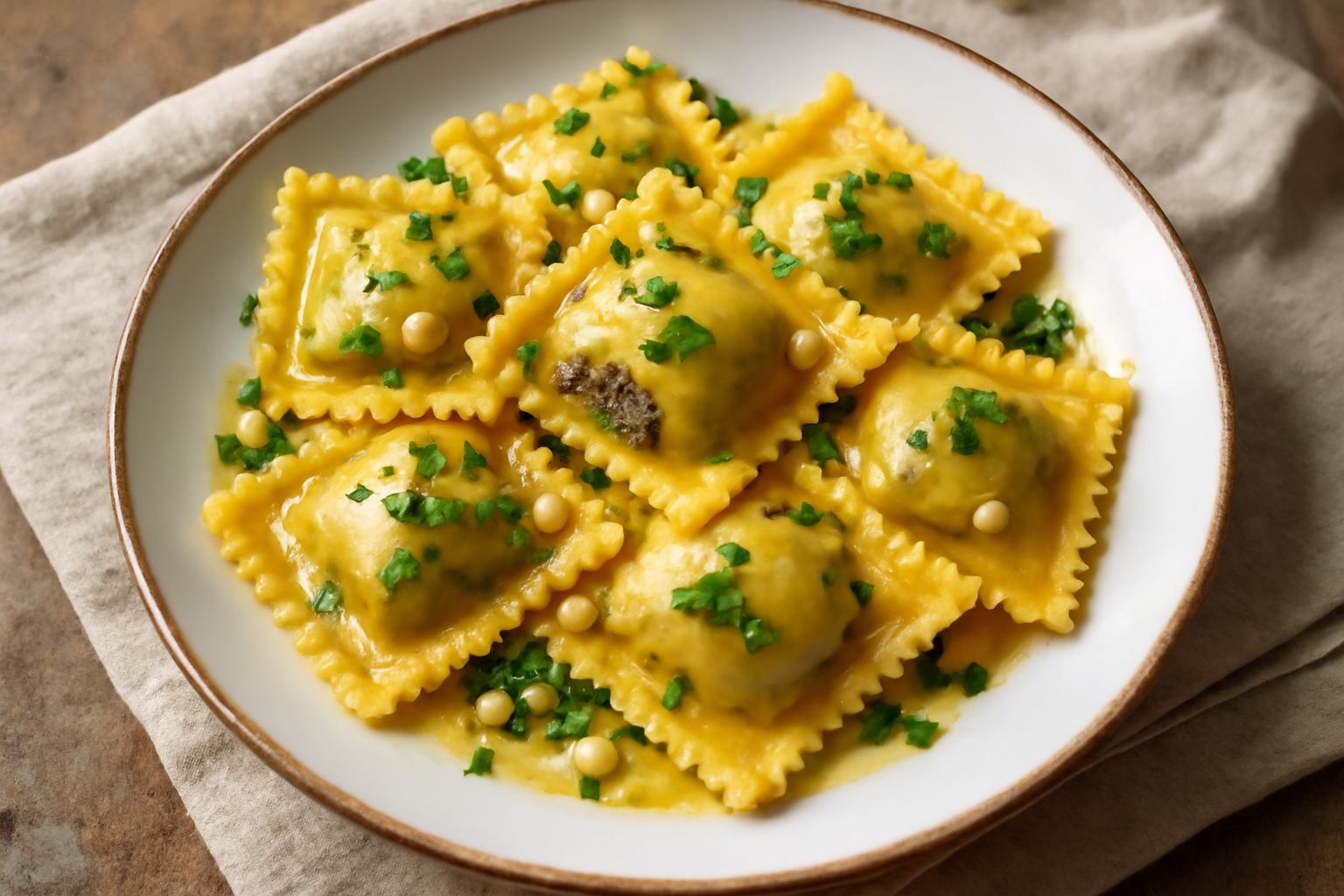 Ravioli quadrati di pasta fresca dorata con ripieno di anguilla, serviti in un piatto bianco con burro fuso, prezzemolo fresco e una limetta, contorno di spinaci appassiti