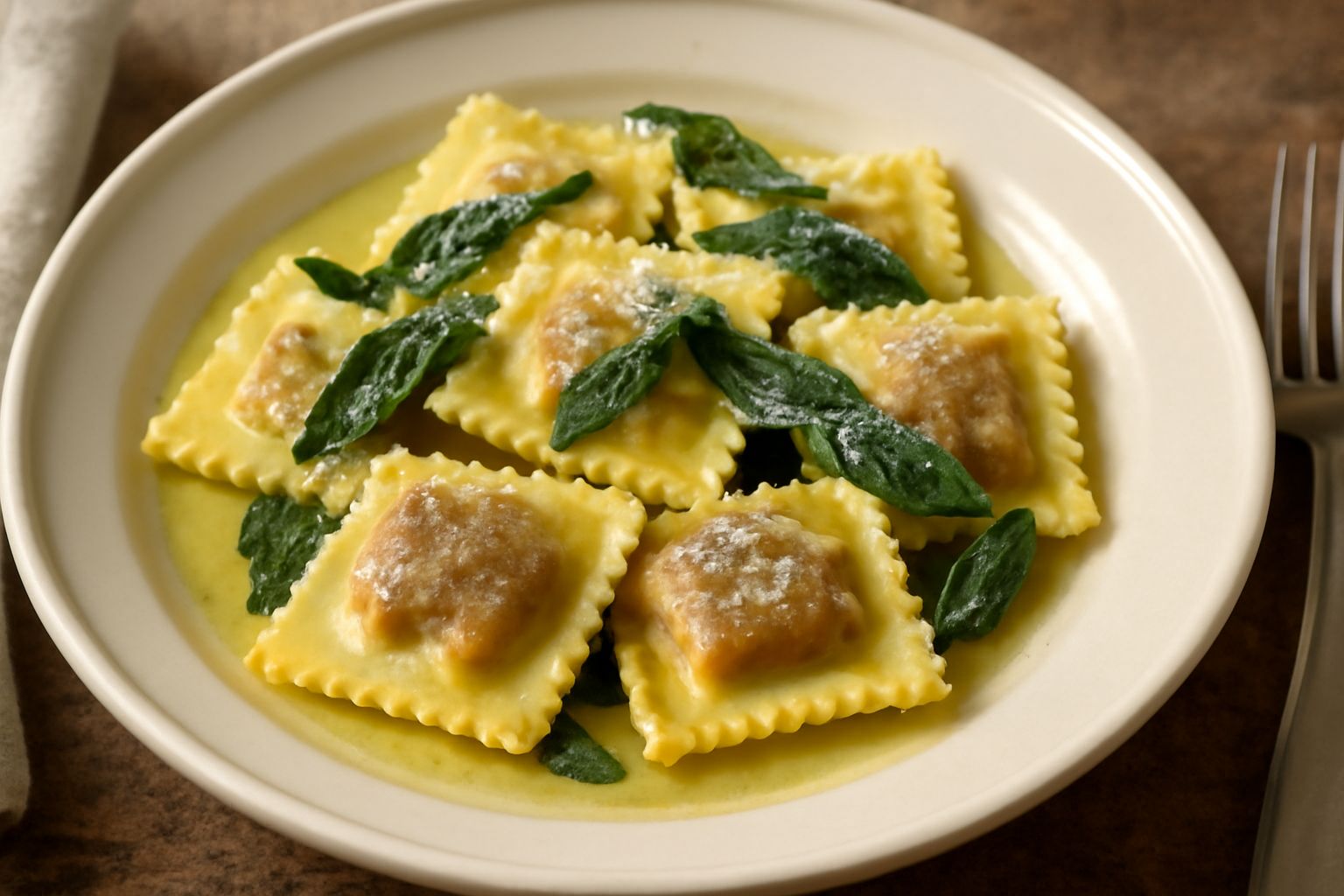Ravioli quadrati ripieni di carne d'asino, dorati in burro fuso, impiattati su piatto bianco con salvia croccante e parmigiano grattugiato, sfumati da salsa di brodo chiaro