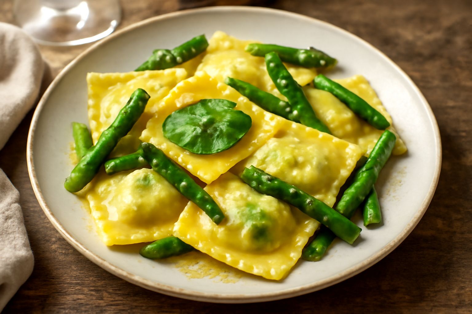 Ravioli quadrati di pasta giallo dorato con ripieno verde di asparagi visibile al taglio, adagiati nel piatto con burro fuso lucente, scaglie di parmigiano bianche e punte di asparagi verdi crudo come