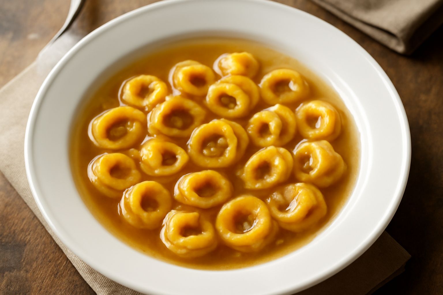 Ravioli del plin in una ciotola di brodo caldo trasparente, pasta gialla con bordi pinzati visibili, accompagnati da foglie di prezzemolo verde e grana grattugiato, vapore leggero dal brodo
