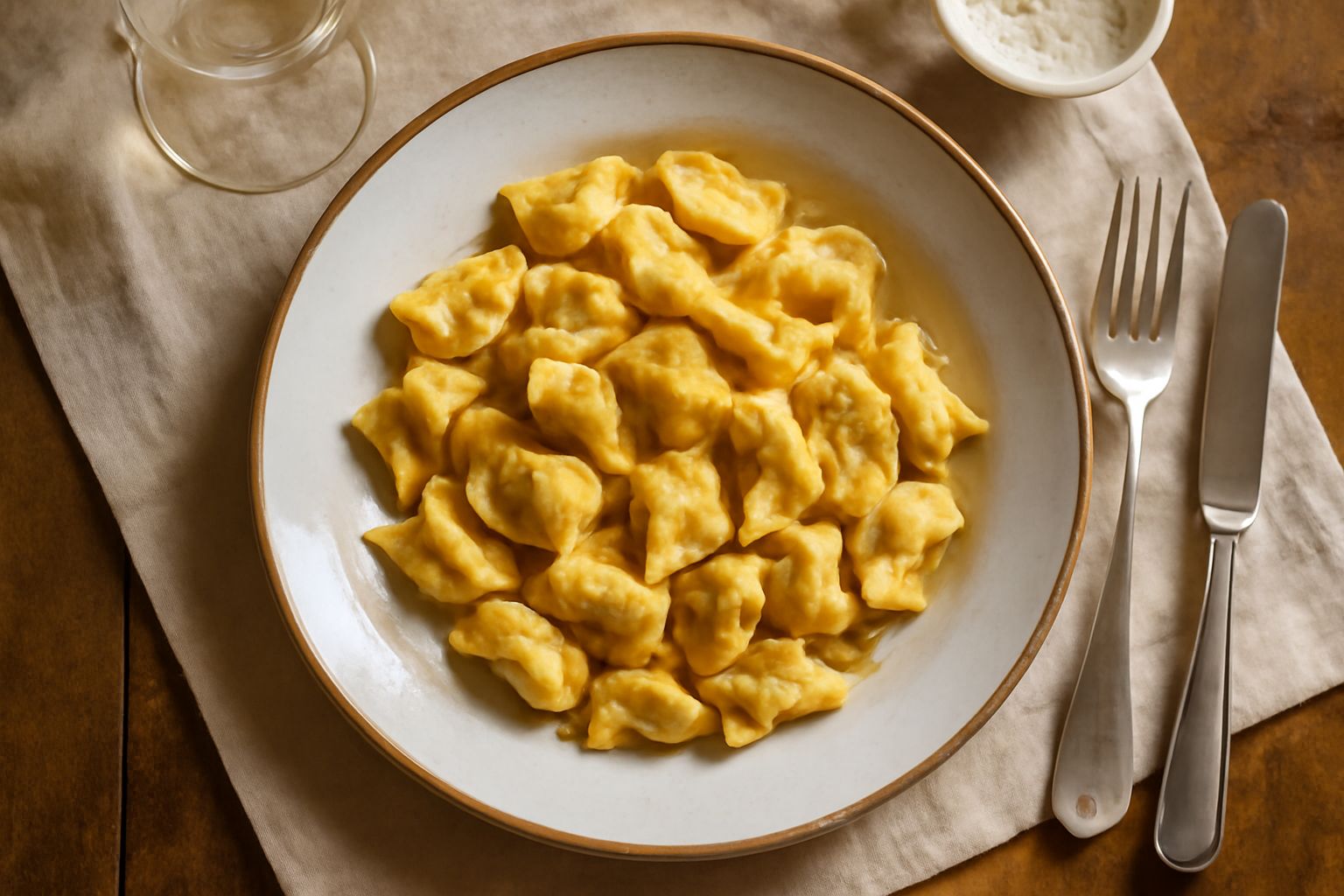 Ravioli del plin cotti nel piatto bianco con burro fuso e salvia, superficie leggermente lucida, forma a mezzaluna con la caratteristica piega laterale, guarnizione di parmigiano grattugiato