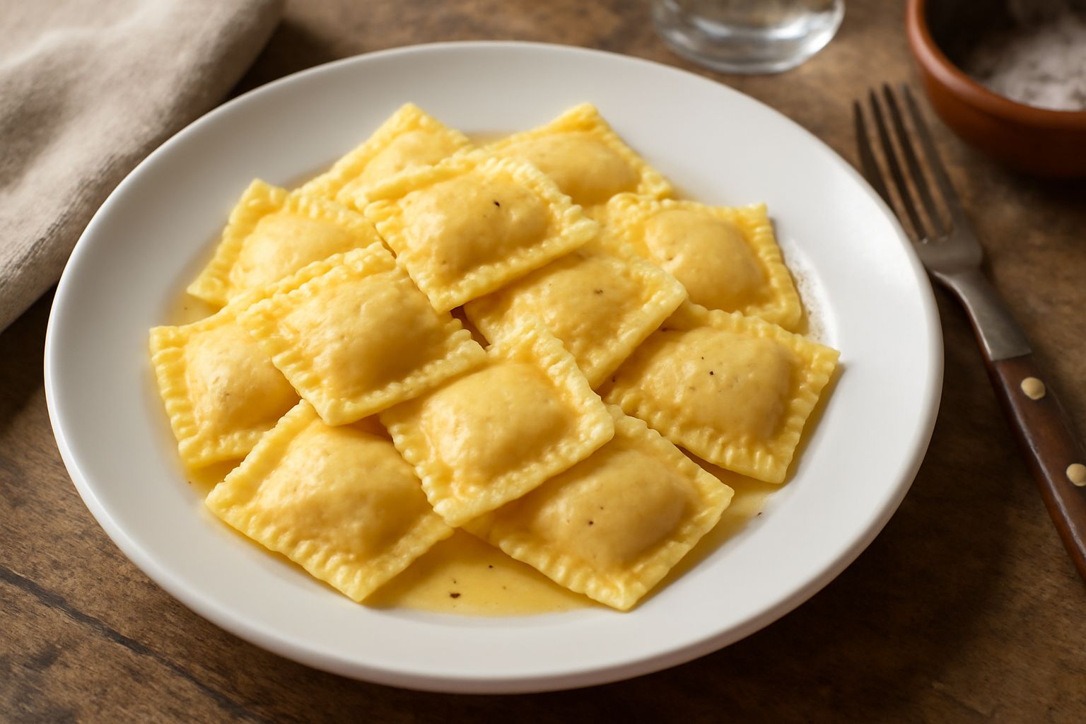 Ravioli quadrati di pasta fresca dorata, in un piatto bianco, conditi con burro fuso dorato e formaggio grattugiato bianco, su sfondo legno scuro