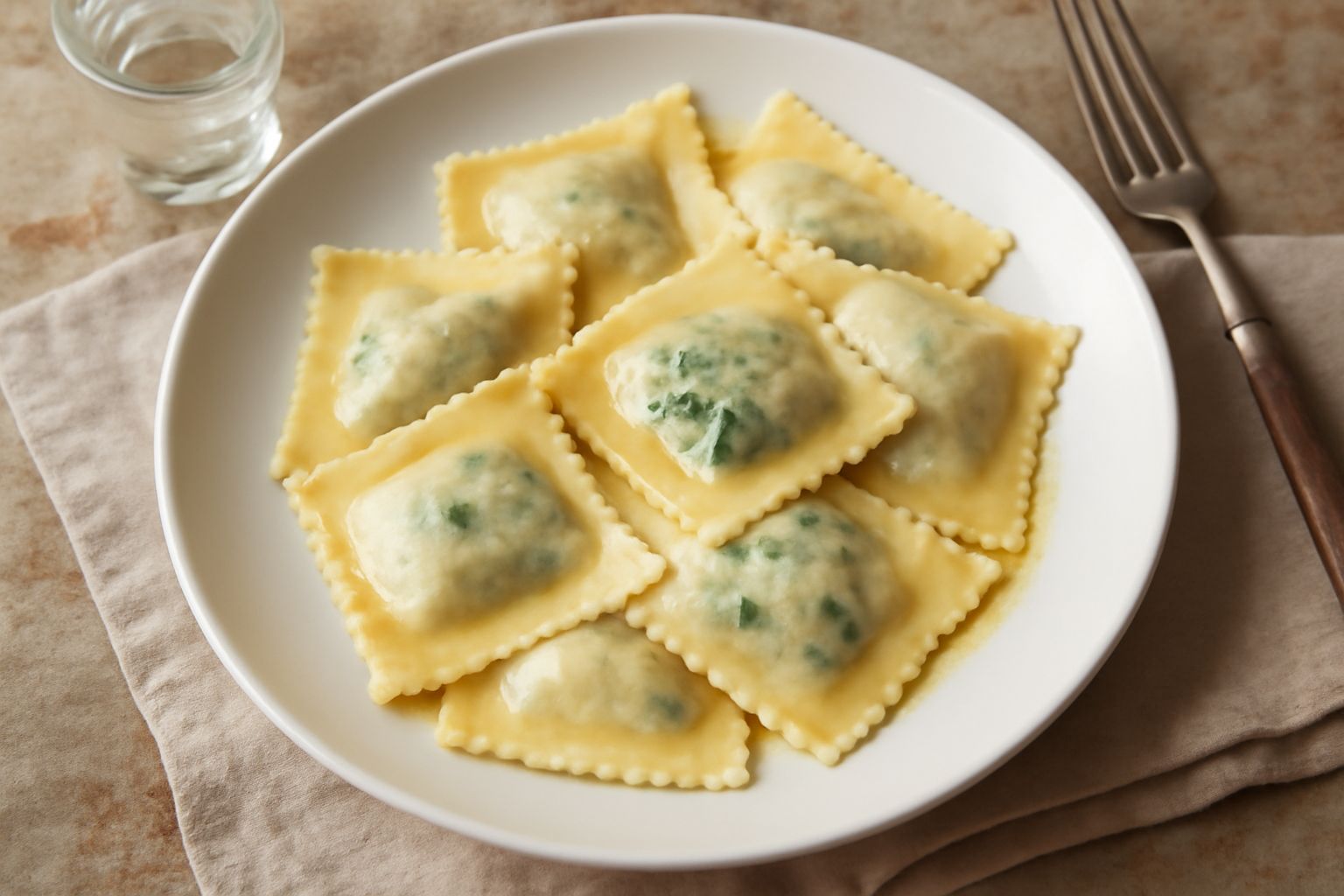 Ravioli quadrati d'erbette appena cotti su un piatto bianco, ricoperti di burro fuso e parmigiano grattugiato, con foglie di prezzemolo fresco accanto