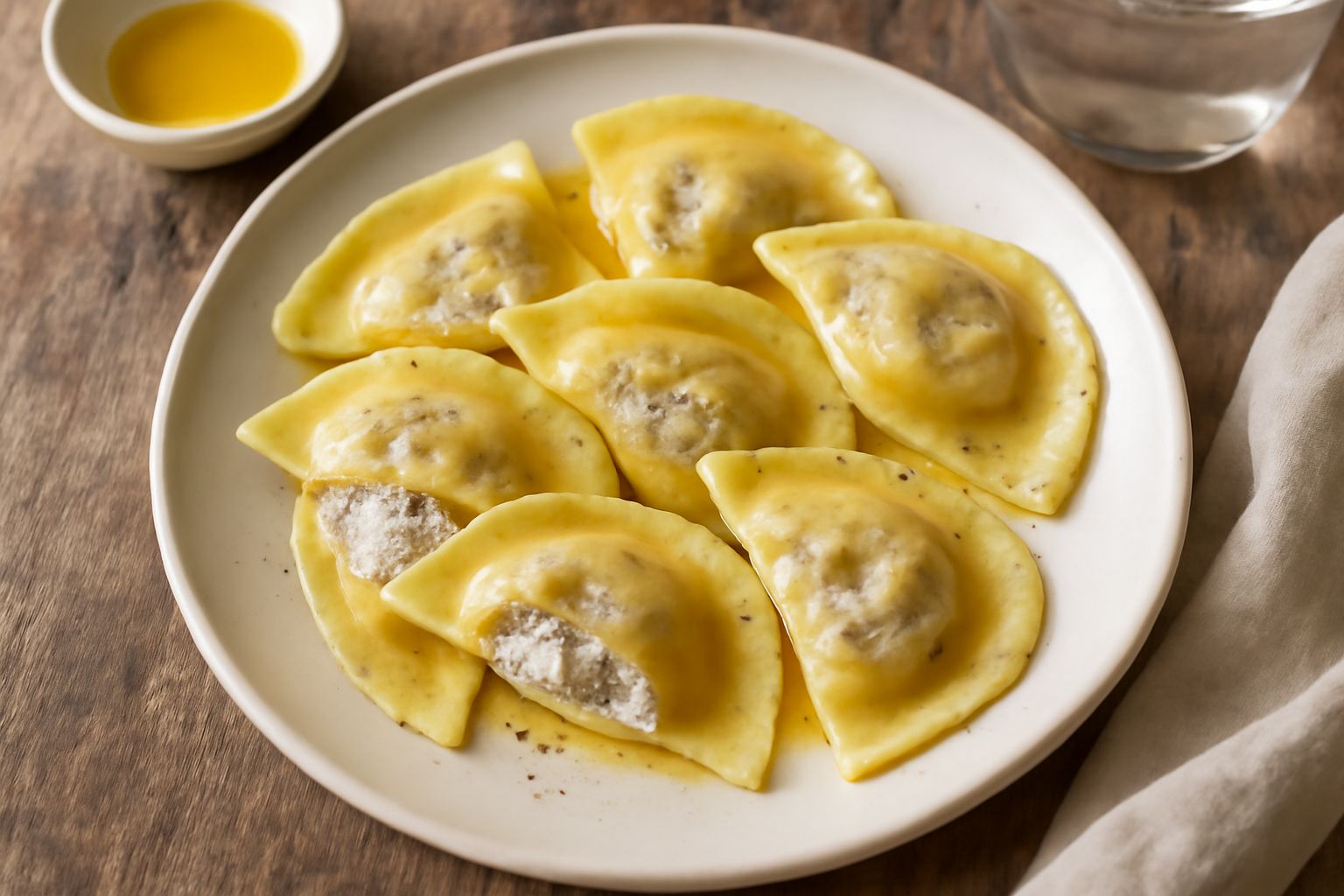 Ravioli tondi di pasta all'uovo con ripieno bianco e grigio, conditi con olio d'oliva e prezzemolo fresco, disposti nel piatto bianco con un contorno di limone tagliato