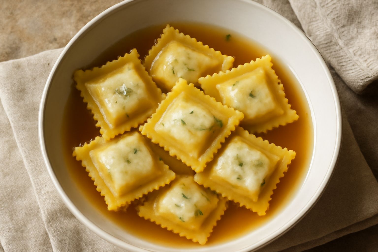 Quattro ravioli quadrati di pasta all'uovo dorata, riempiti di baccalà e ricotta, disposti nel piatto con brodo caldo trasparente e una spolverata di prezzemolo fresco verde.