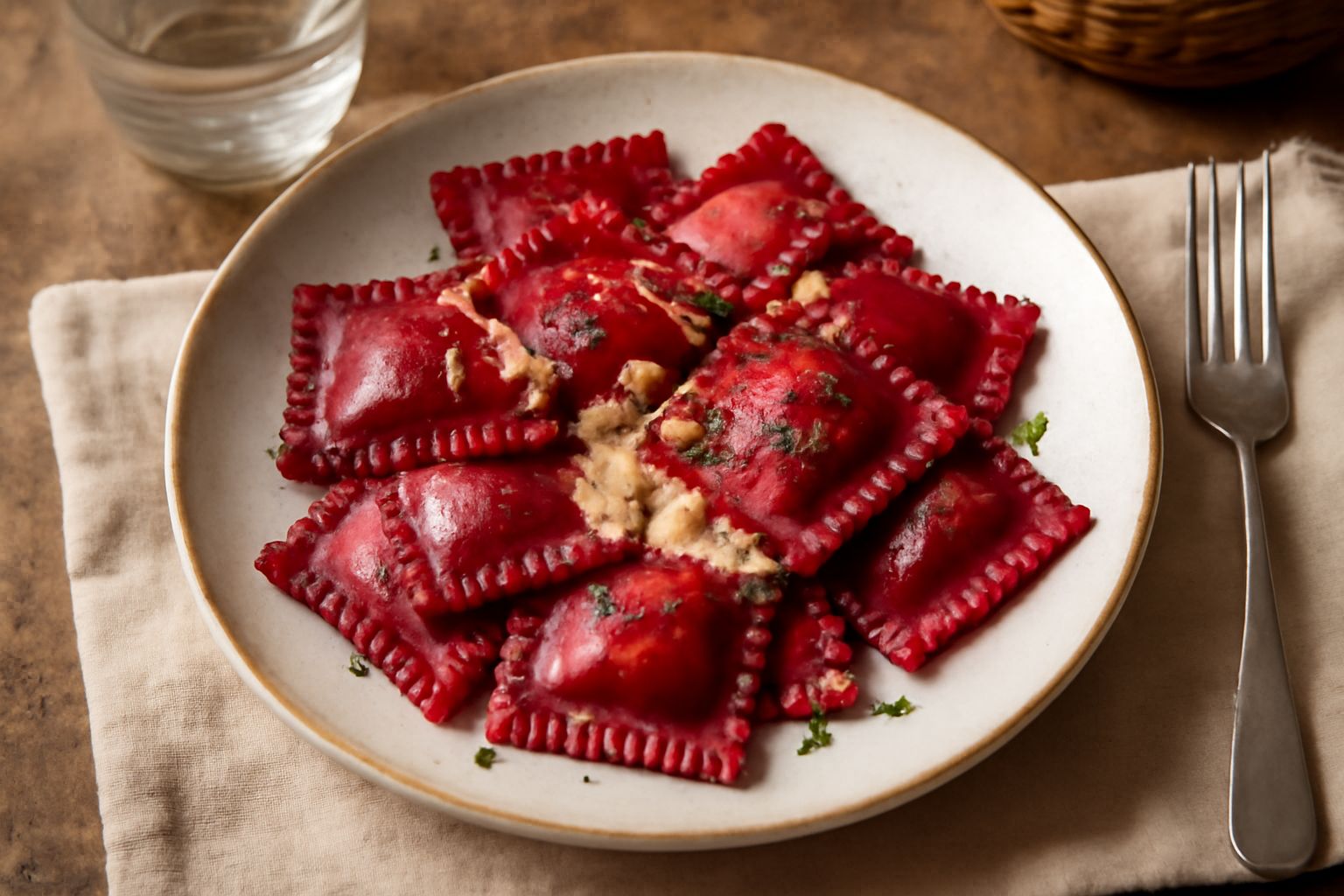 Ravioli di barbabietola di colore rosso scuro, quadrati, disposti nel piatto con burro fuso e una spolverata di parmigiano grattugiato, contorno di foglie di salvia fresca