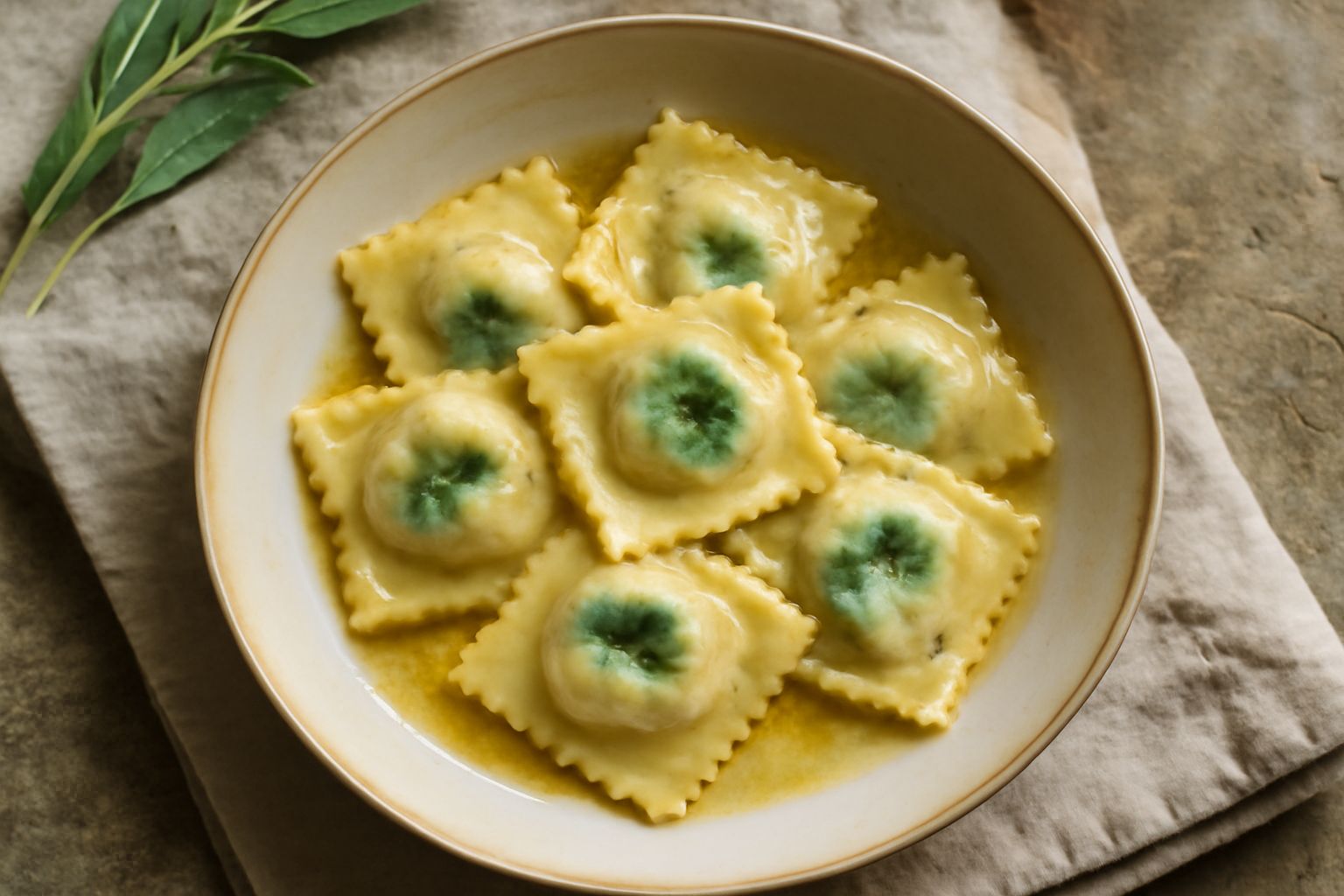 Ravioli quadrati ripieni di borragine e ricotta, serviti in un piatto bianco con burro fuso e salvia, guarniti con formaggio grattugiato e pepe nero macinato fresco