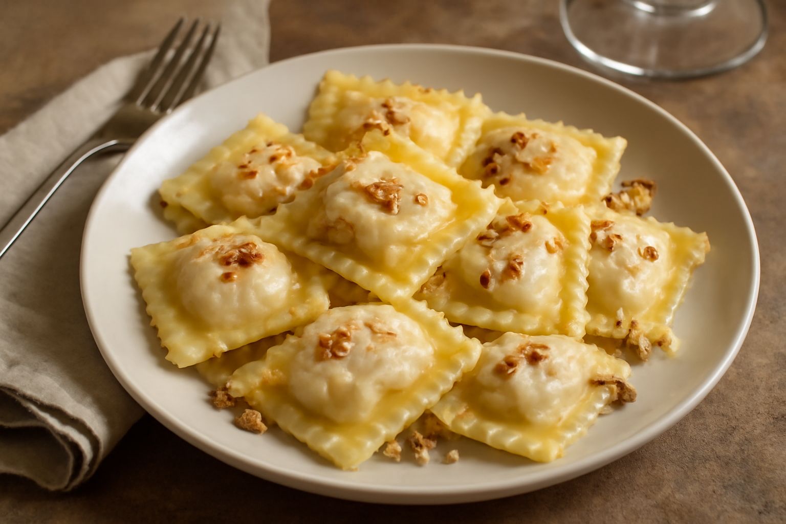Ravioli quadrati di pasta all'uovo gialla serviti in un piatto bianco con burro fuso e noci tostate croccanti sparse in superficie, guarniti da una spolverata di prezzemolo fresco verde