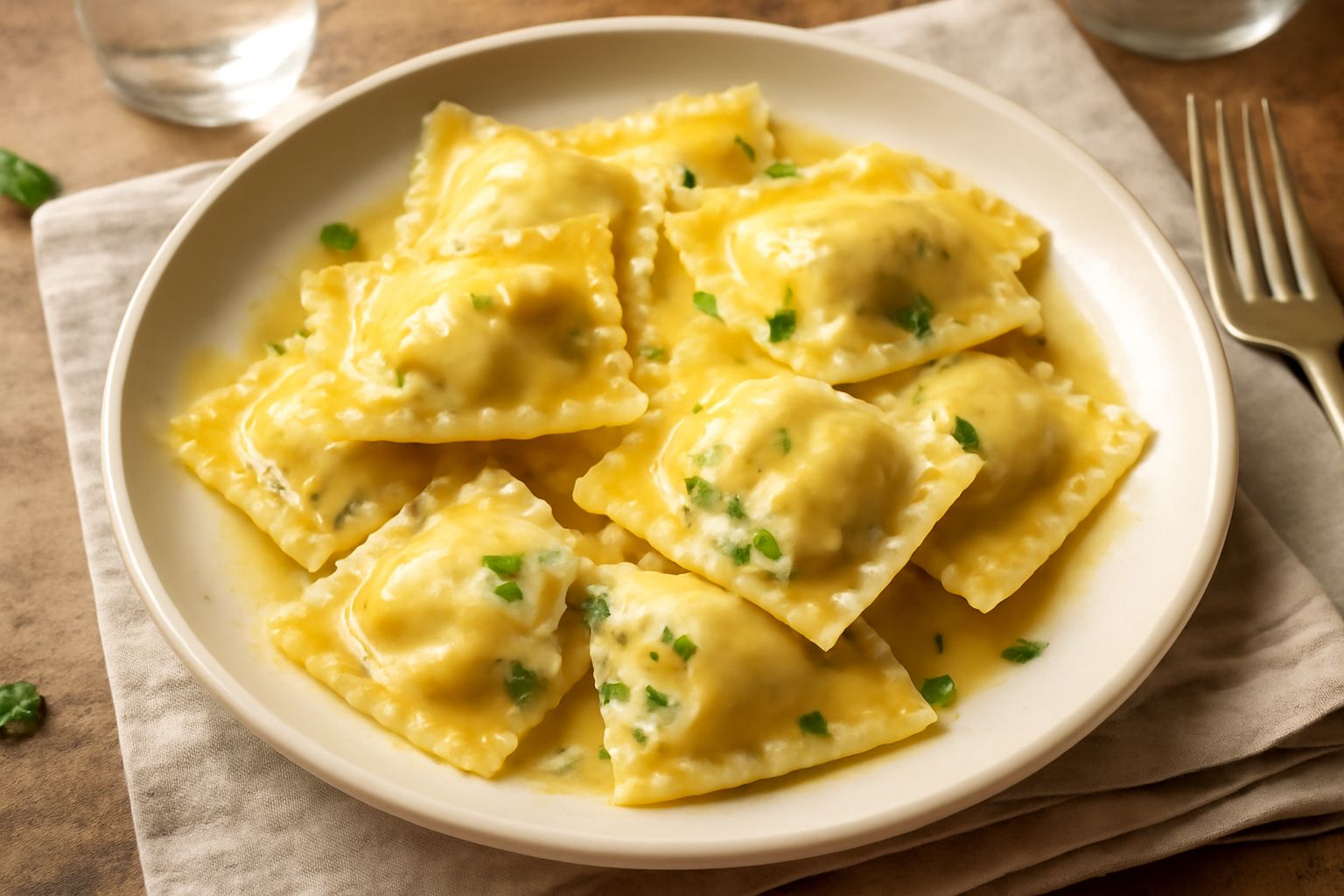 Sei ravioli quadrati di pasta fresca con ripieno di branzino bianco, disposti in cerchio su un piatto bianco con gocce di olio extravergine e spolvero di prezzemolo fresco