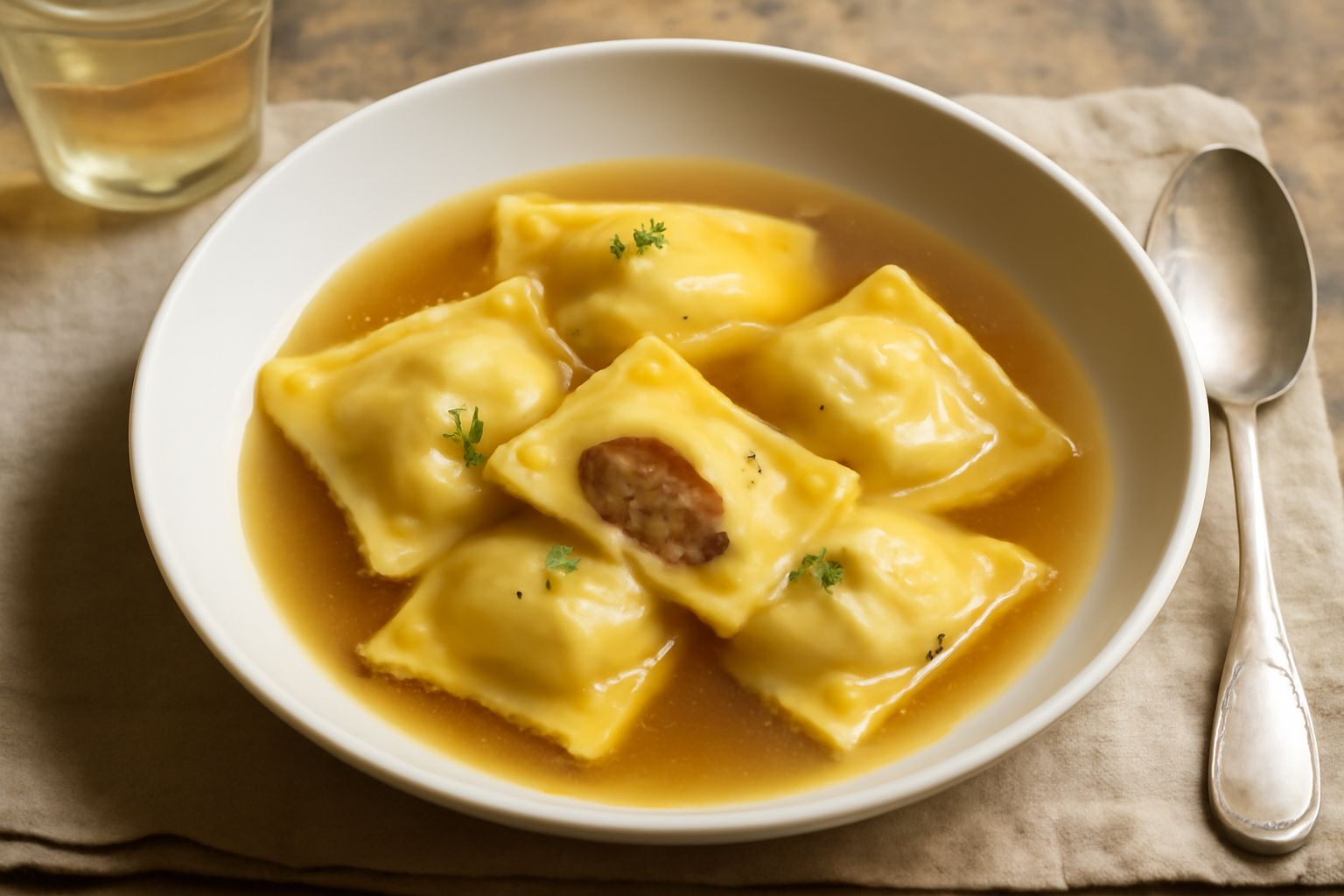 Ravioli rotondi, leggermente trasparenti, con sfoglia bionda, poggiati in un piatto fondo bianco con brodo di brasato caldo e qualche goccia di olio, spolverati di Parmigiano grattugiato e un rametto 