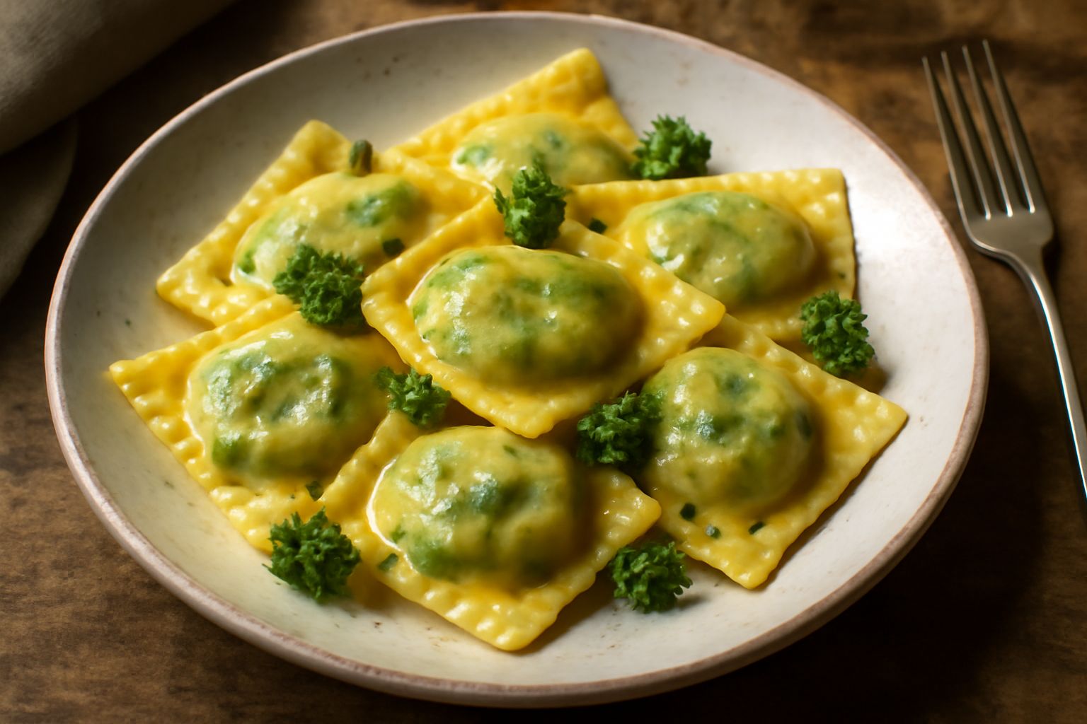 Ravioli di broccolo appena cotti in un piatto bianco, con pasta al burro color avorio, granelli di broccolo visibili nel ripieno, spolverati di parmigiano grattugiato e briciole di prezzemolo fresco