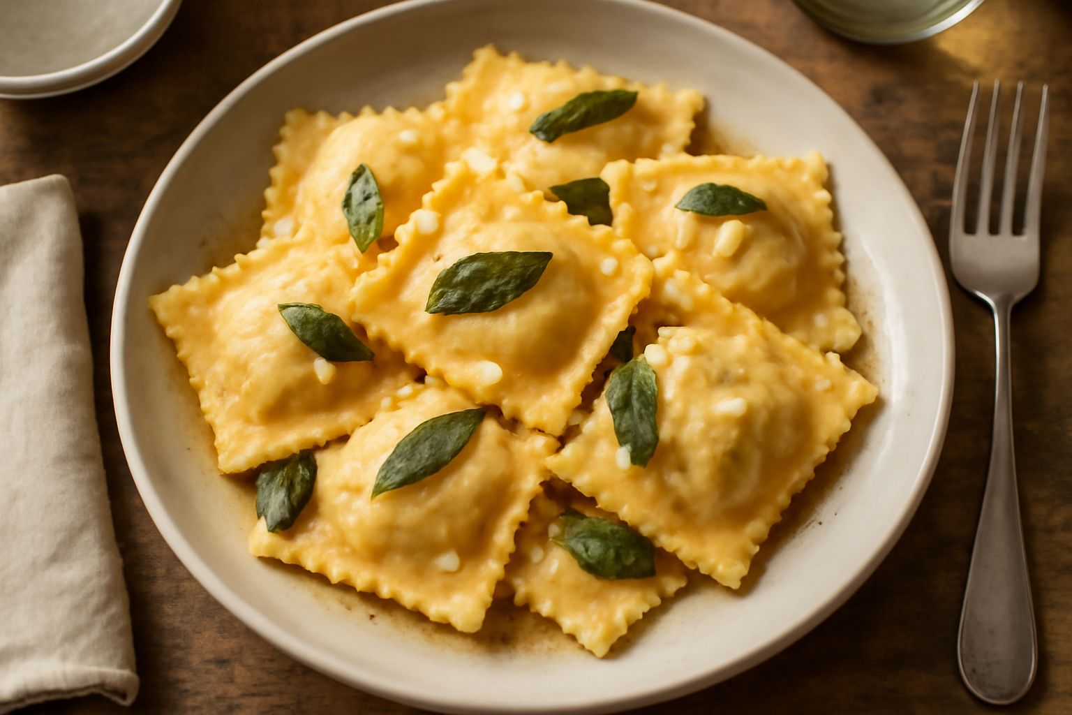 Piatto bianco con dodici ravioli quadrati di pasta all'uovo dorata, ricoperti di burro fuso ambrato e salvia fresca verde, briciole di parmigiano reggiano bianco, serviti su un piatto di porcellana bi