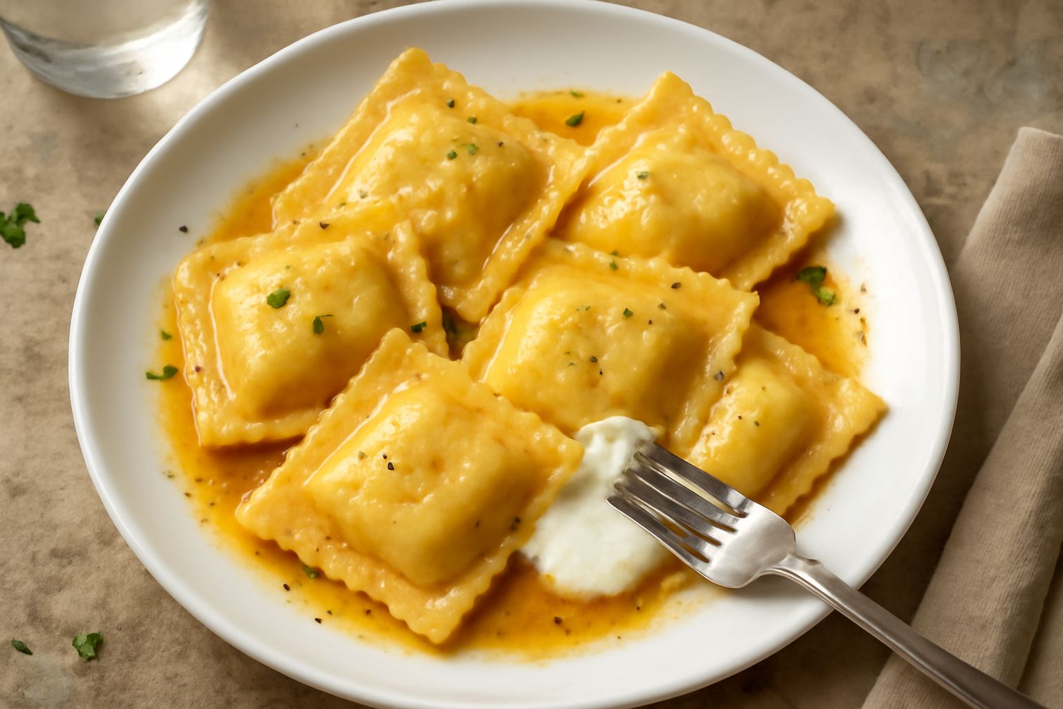Ravioli quadrati ripieni di burrata cremosa serviti in piatto bianco, guarniti di basilico verde fresco, olio di oliva in gocce dorate intorno, sfondo neutro in legno chiaro