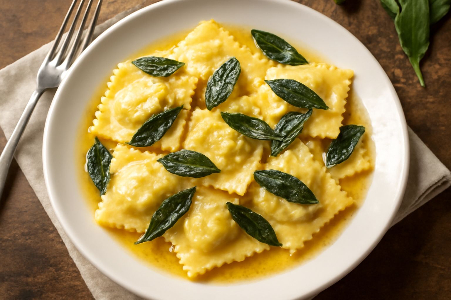 Ravioli quadrati in burro e salvia nel piatto, ricoperti di burro dorato e foglie di salvia fragrante, con grana padano grattugiato, fondo bianco sfumato
