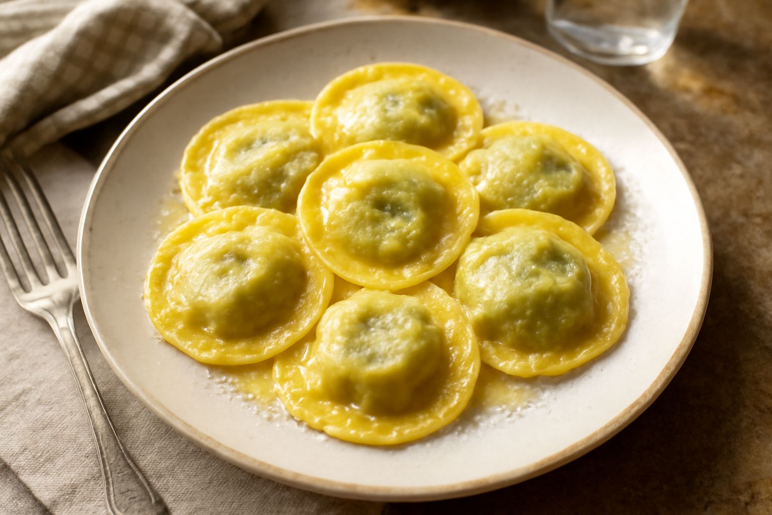 Ravioli di pasta fresca quadrati su un piatto bianco, riempiti di un ripieno verde-giallo cremoso, cosparsi di parmigiano grattugiato e una noce di burro dorato sulla superficie