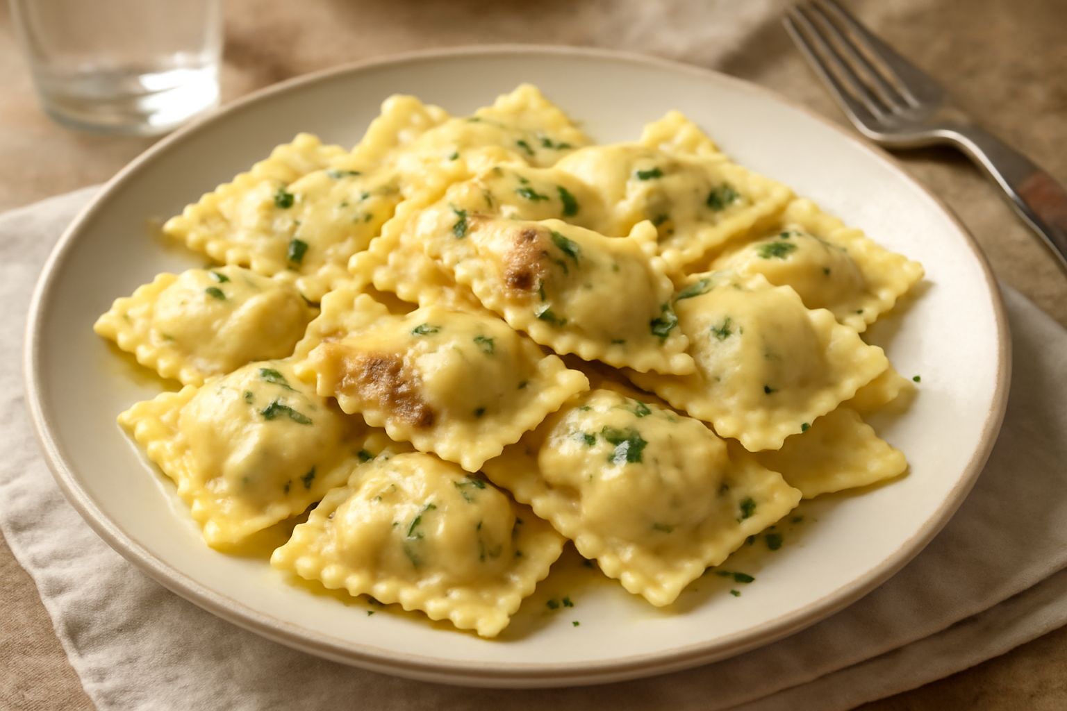 Una porzione di ravioli di carne appena cotti, quadrati e leggermente increspati, conditi con burro dorato, foglie di salvia fresca verde e parmigiano grattugiato bianco, in un piatto bianco fondo.