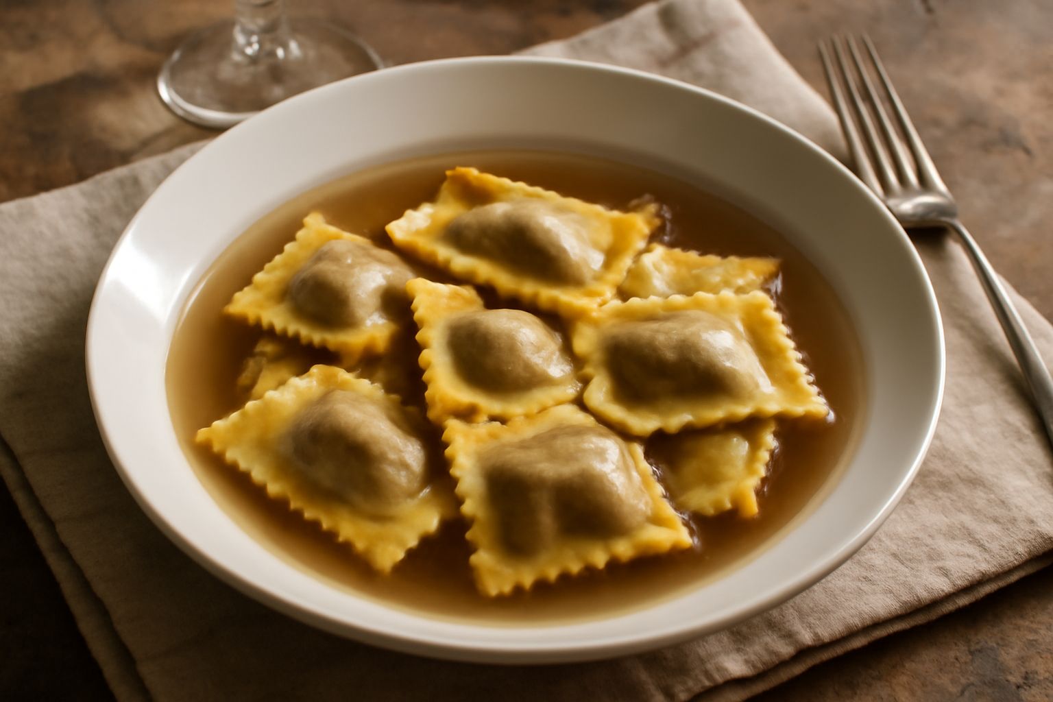 Piatto di ravioli quadrati di pasta all'uovo riempiti di carne d'asino, guarniti con burro fuso e salvia, serviti in un piatto fondo bianco con brodo di carne leggero