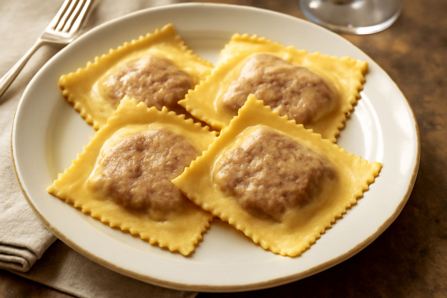Ravioli quadrati di carne del Monferrato appena cotti su un piatto bianco, conditi con burro fuso e salvia fresca, con grana padano grattugiato sopra, sfondo rustico in legno