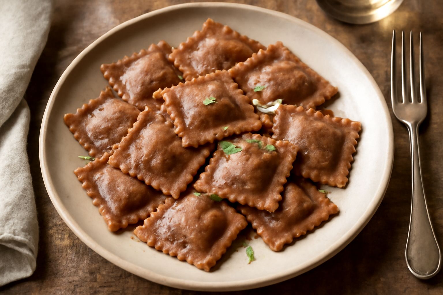 Piatto di ravioli quadrati color marrone dorato, ripieni di castagne e ricotta, conditi con burro fuso e salvia, su fondo bianco con decorazione di foglie di salvia fresca