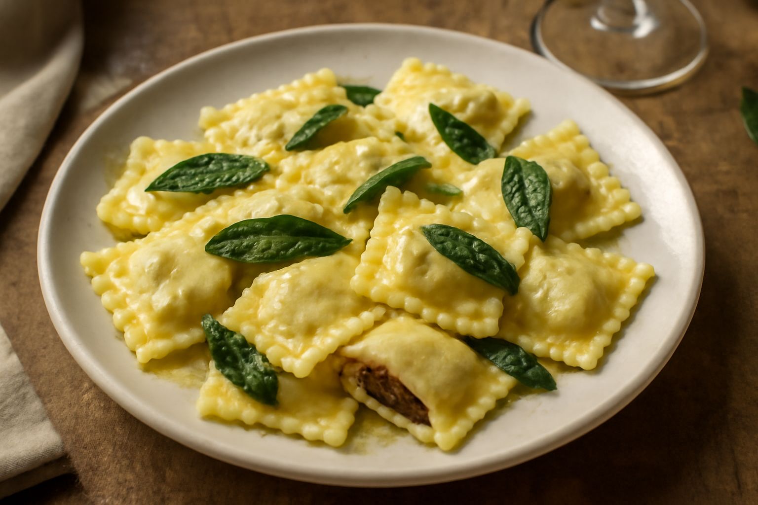 Ravioli di cervo appena cotti in un piatto di porcellana bianca, conditi con burro fuso e foglie di salvia fresca, accanto a una grattugia di parmigiano reggiano. La pasta è color avorio, il ripieno m