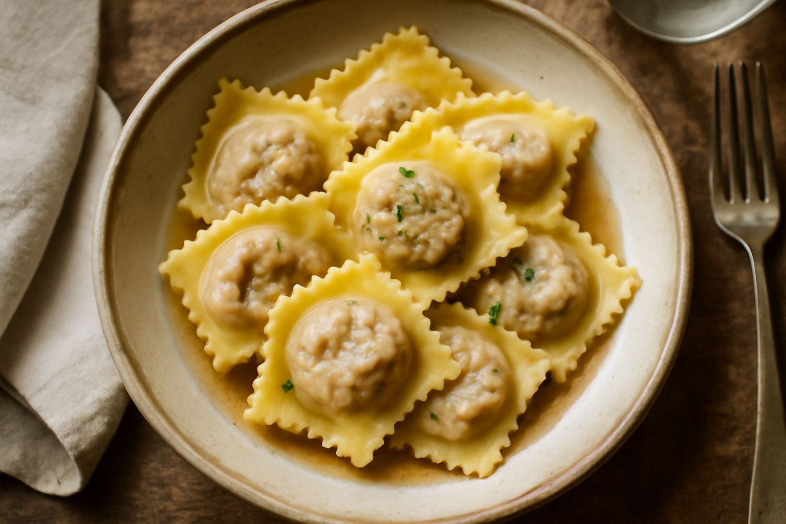 Tre ravioli quadrati con bordi arricciati ripieni di carne di coniglio, appena adagiati in un piatto di brodo trasparente, con una foglia di salvia fresca e un filo di burro dorato.
