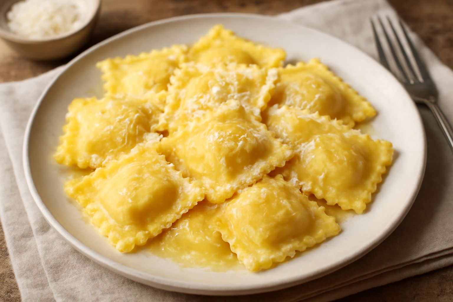 Ravioli quadrati di formaggio riempiti su un piatto bianco, ricoperti di burro fuso e parmigiano grattugiato, con salvia fresca accanto e un cucchiaio di legno