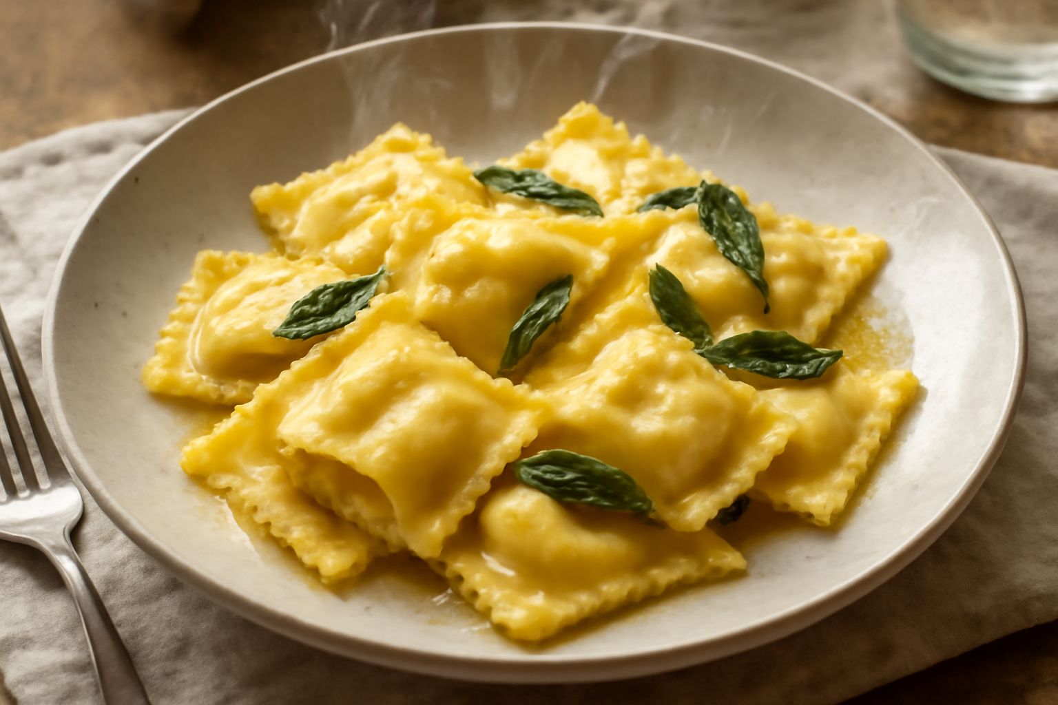 Ravioli quadrati di pasta all'uovo leggermente ondulata, riempiti visibilmente di formaggio di fossa color crema, serviti in un piatto bianco con burro fuso e salvia fresca, un filo di olio d'oliva su