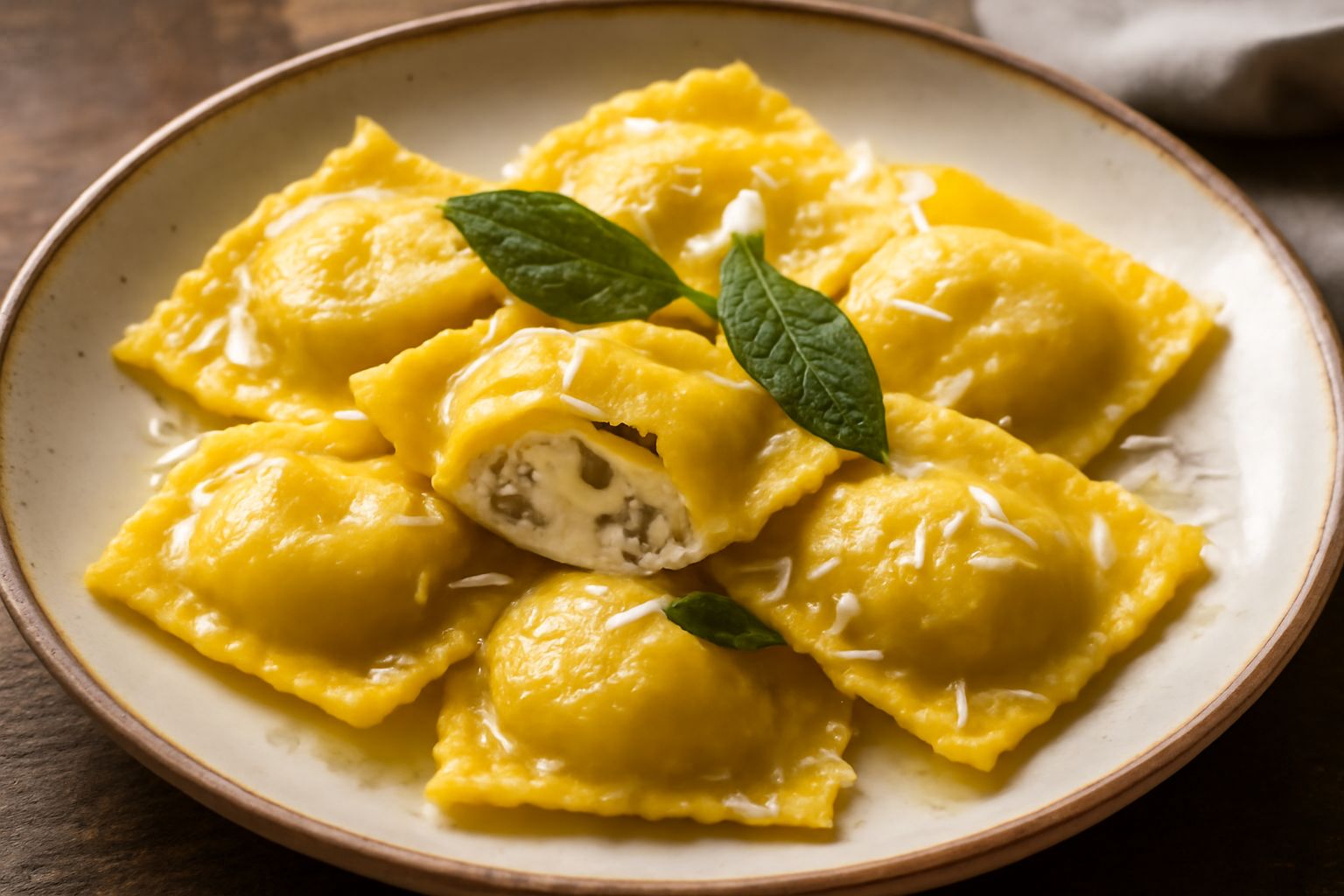 Ravioli quadrati di pasta gialla avvolti in burro fuso con foglie di salvia fresca, castagne tostate sgusciate sparse attorno nel piatto, formaggio grattugiato in scaglie, su piatto bianco