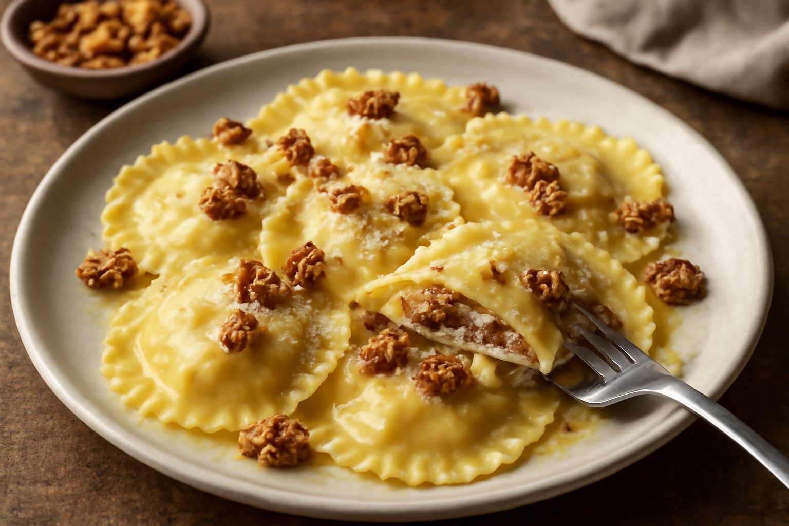 Ravioli quadrati di pasta fresca gialla ripieni di formaggio bianco cremoso e noci, serviti in un piatto fondo con burro dorato e salvia fresca, superficie leggermente lucida