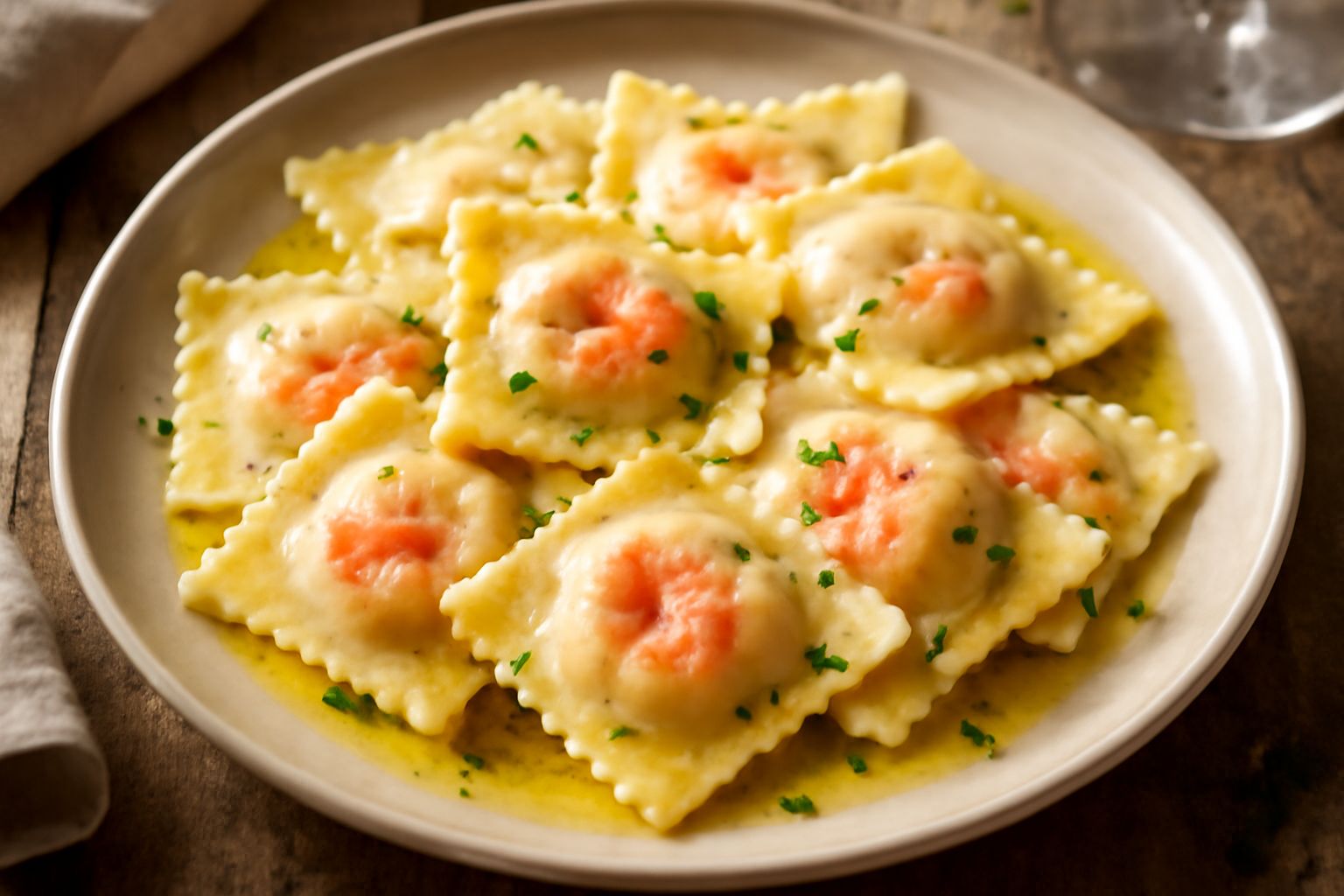 Ravioli quadrati di pasta fresca color avorio, leggermente traslucidi, con ripieno rosa visibile in trasparenza, su piatto bianco, conditi con burro fuso, pezzetti di gambero crudo e prezzemolo fresco