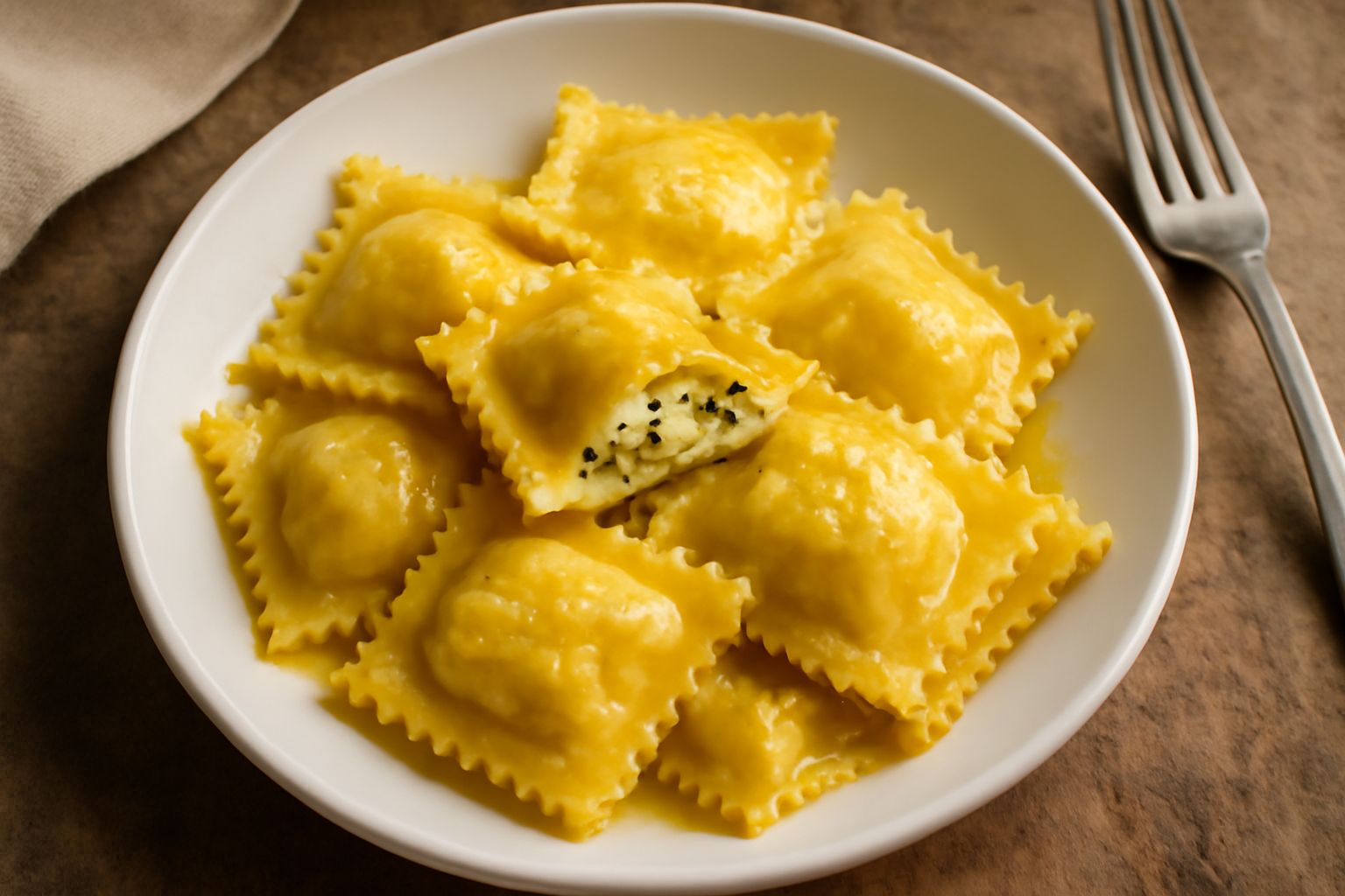 Ravioli quadrati di pasta fresca color giallo oro, ripieni di ricotta verde, disposti in un piatto bianco con burro dorato e foglie di salvia fresca, farina bianca sulla tavola intorno