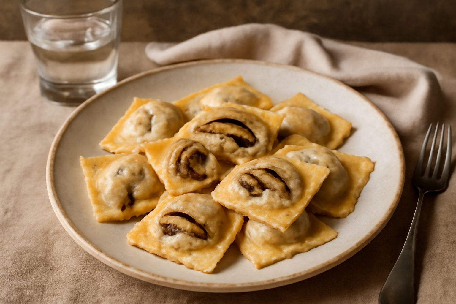 Ravioli di melanzana appena cotti in un piatto bianco, ricoperti di burro fuso e parmigiano grattugiato, con basilico fresco e melanzana visibile dal ripieno che esce dai bordi
