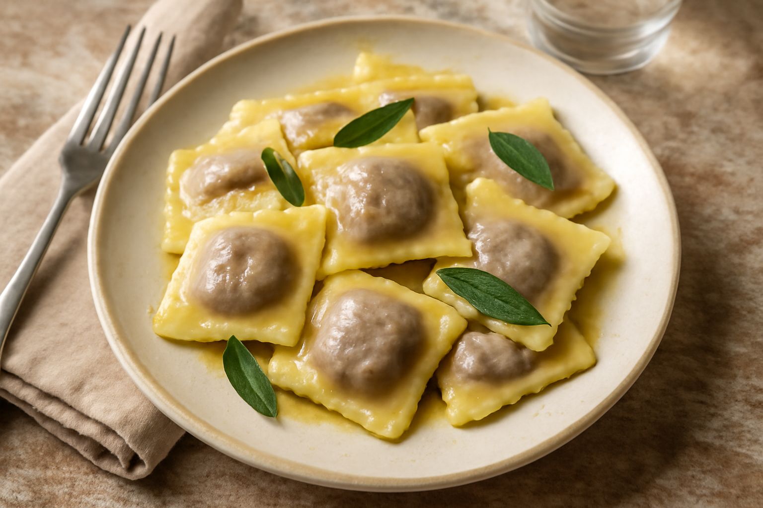 Sei ravioli quadrati di pasta all'uovo gialla serviti in un piatto bianco, ricoperti di burro fuso e salvia fresca, ripieno di melanzane viola scuro visibile dalle trasparenze della pasta