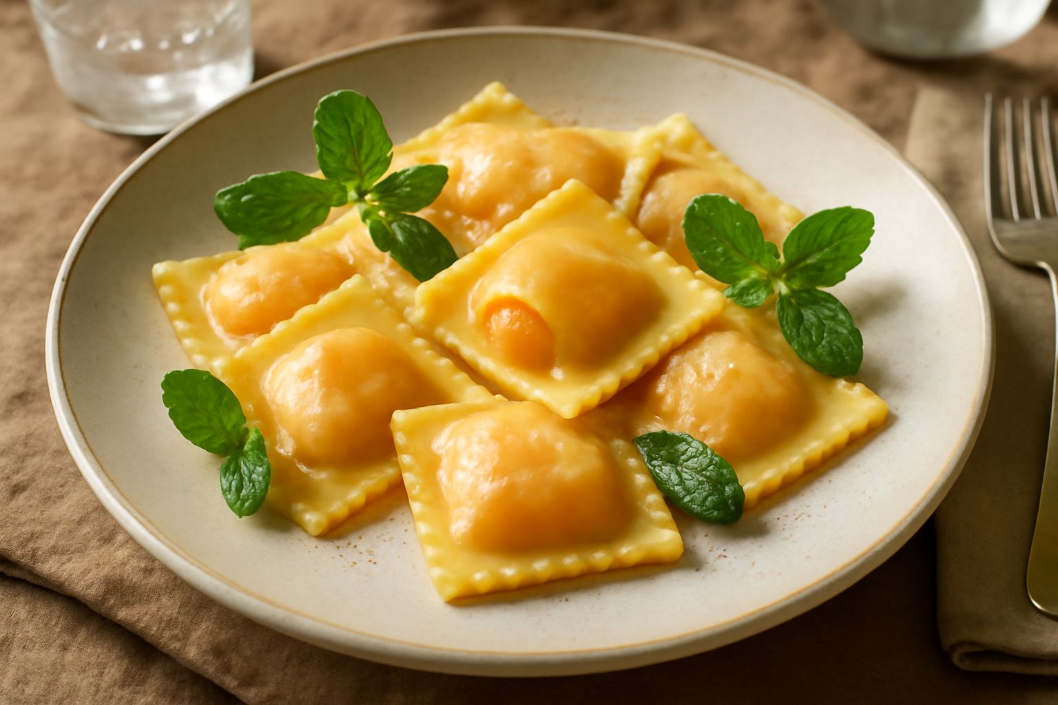Piatto di ravioli di melone appena cotti, con sfoglia sottile di colore giallo paglierino, ripieno di melone arancio visibile dai bordi pressati, guarniti con foglie fresche di menta verde e granelli 