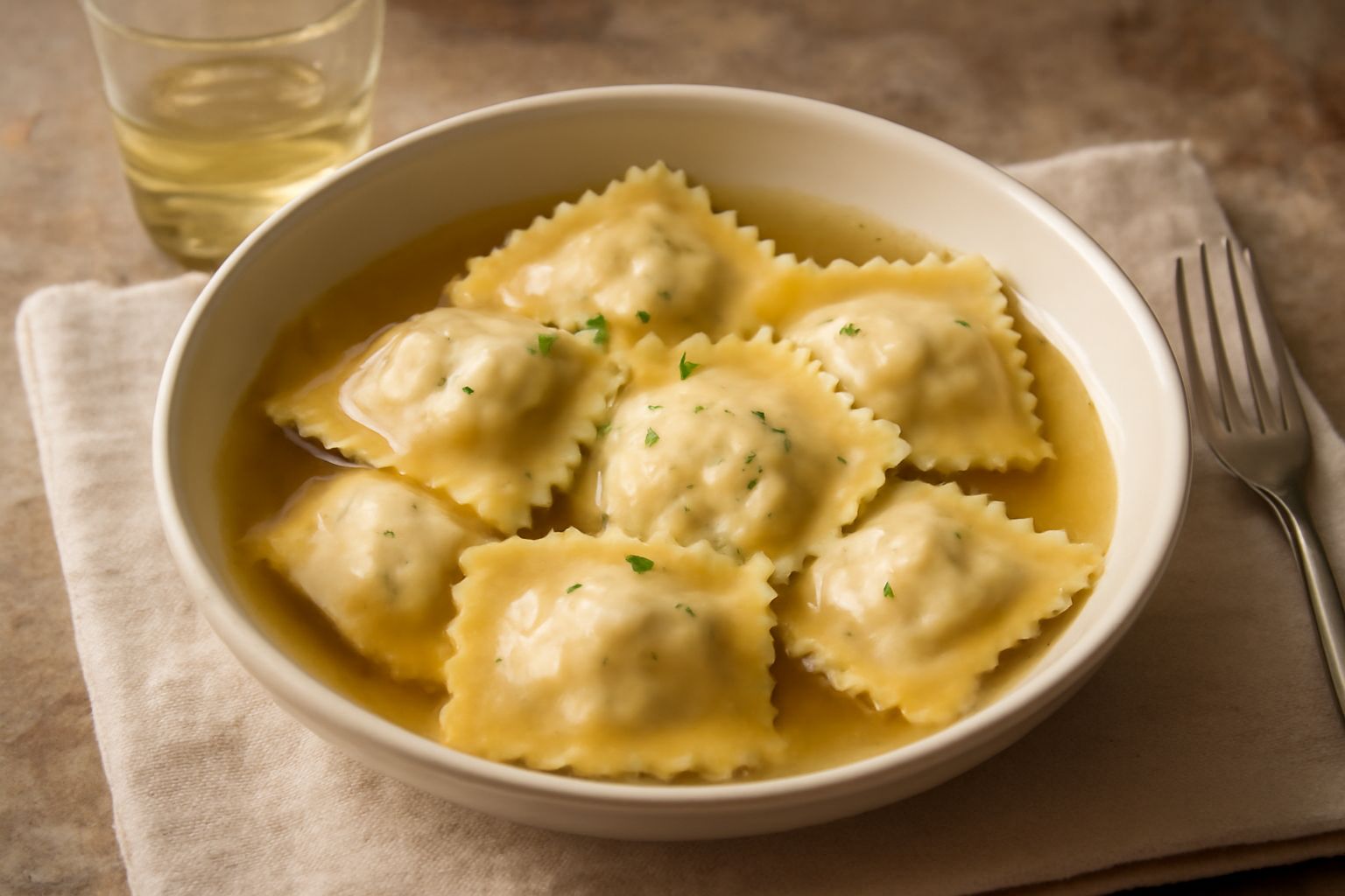 Quattro ravioli di pesce quadrati su piatto bianco, ripieni visibili di pesce e ricotta crema, bagnati in brodo chiaro, guarniti con un ramo di prezzemolo fresco e una fetta di limone giallo sul bordo