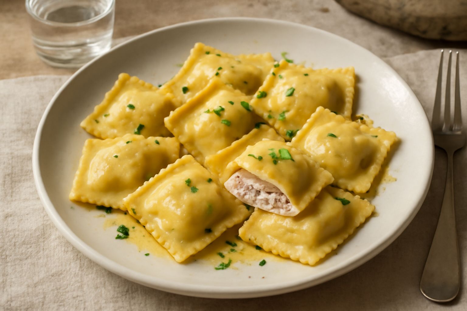 Ravioli quadrati di pasta sfoglia burrosa color panna, con bordi ondulati, pieni di ripieno beige-rosa, adagiati in un piatto bianco con filo di olio d'oliva, pepe nero e una foglia di prezzemolo