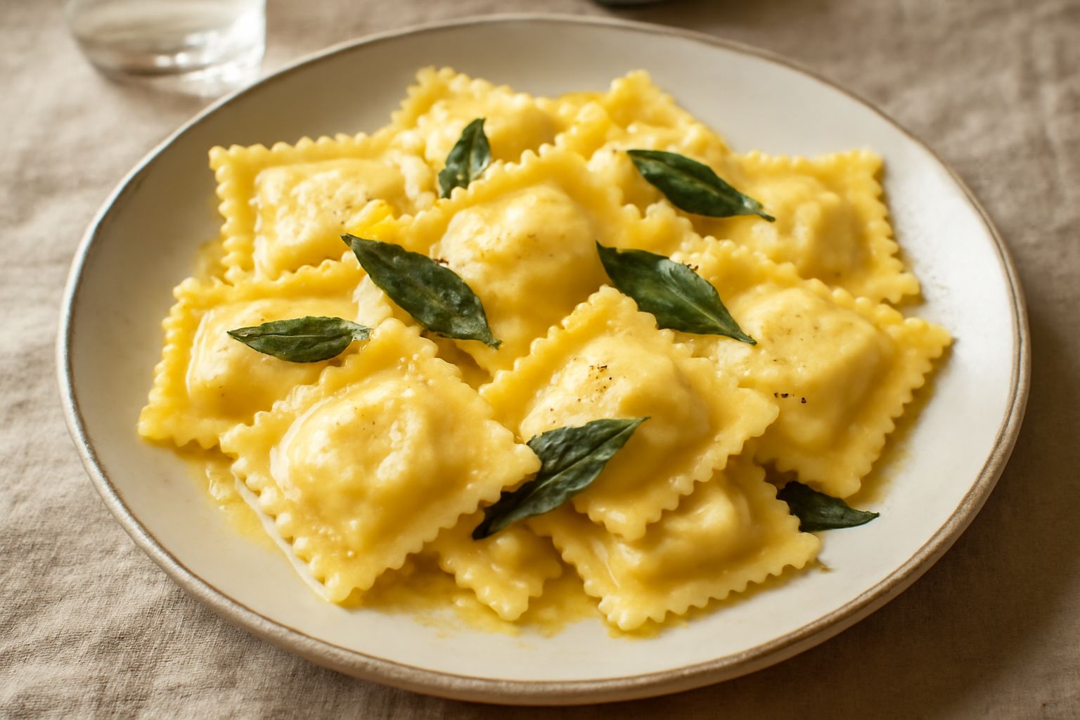 Quattro ravioli quadrati con bordi ondulati, ripieno di ricotta visibile dai margini, adagiati in un piatto bianco con burro fuso e foglie di salvia fresca, parmigiano grattugiato sparso sopra