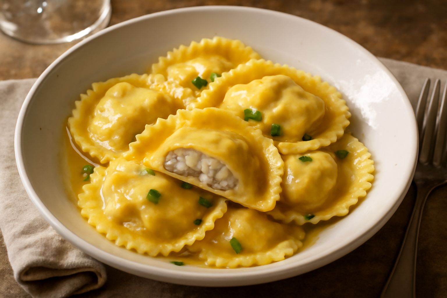 Ravioli di ricotta affumicata serviti in piatto bianco, ricoperti di burro fuso e semi di sesamo tostato, con foglie di salvia fresca e pepe nero macinato al momento