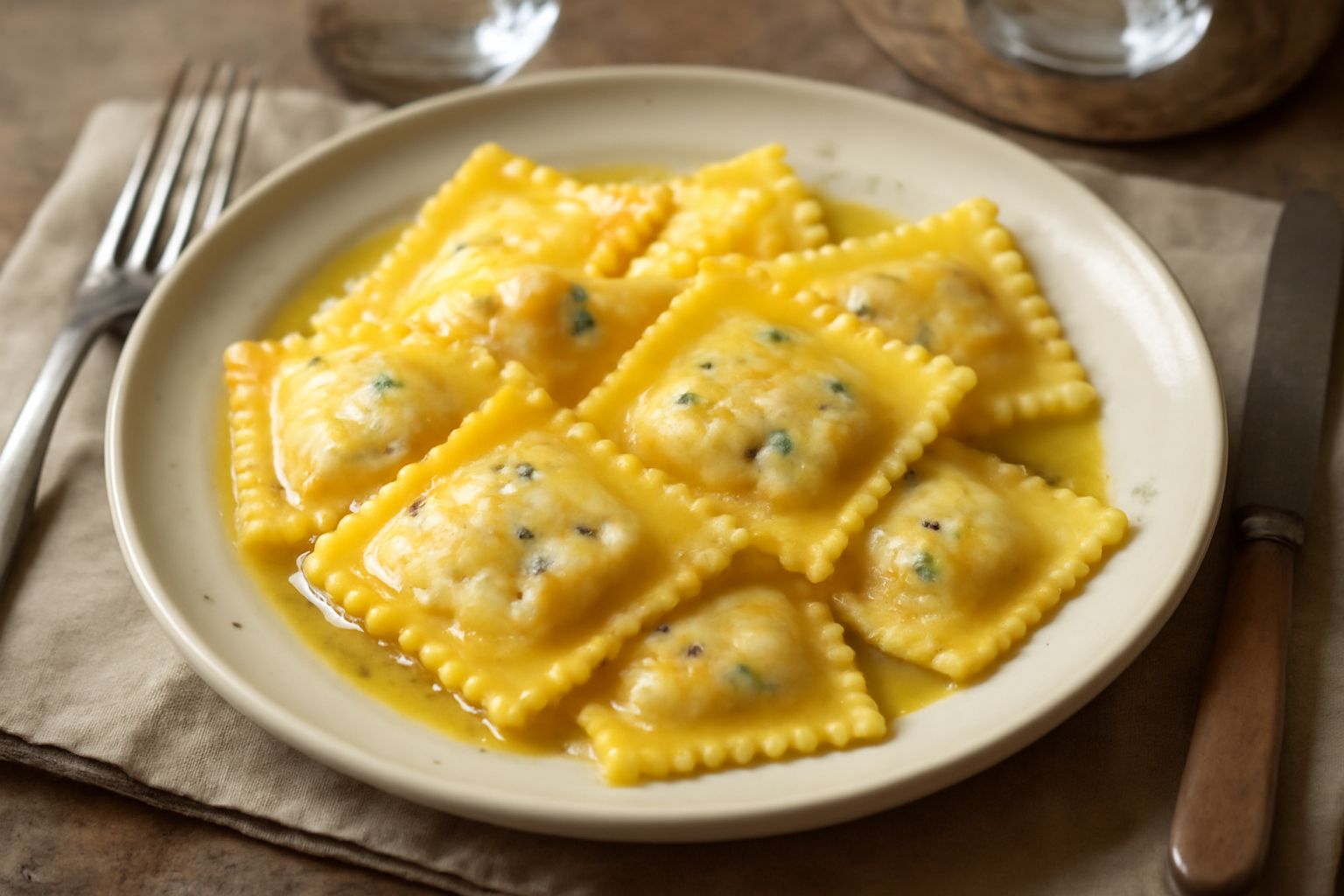Ravioli quadrati di pasta all'uovo ripieni di ricotta bianca, serviti in un piatto bianco con burro fuso, alici visibili dentro il ripieno, cospargimento di prezzemolo fresco verde e una grattugia di 