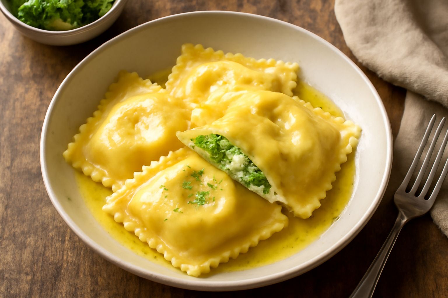 Ravioli di ricotta e broccoli serviti in piatto bianco, ricoperti di burro fuso e parmigiano grattugiato, broccoli verdi del ripieno visibili dal bordo trasparente della pasta all'uovo