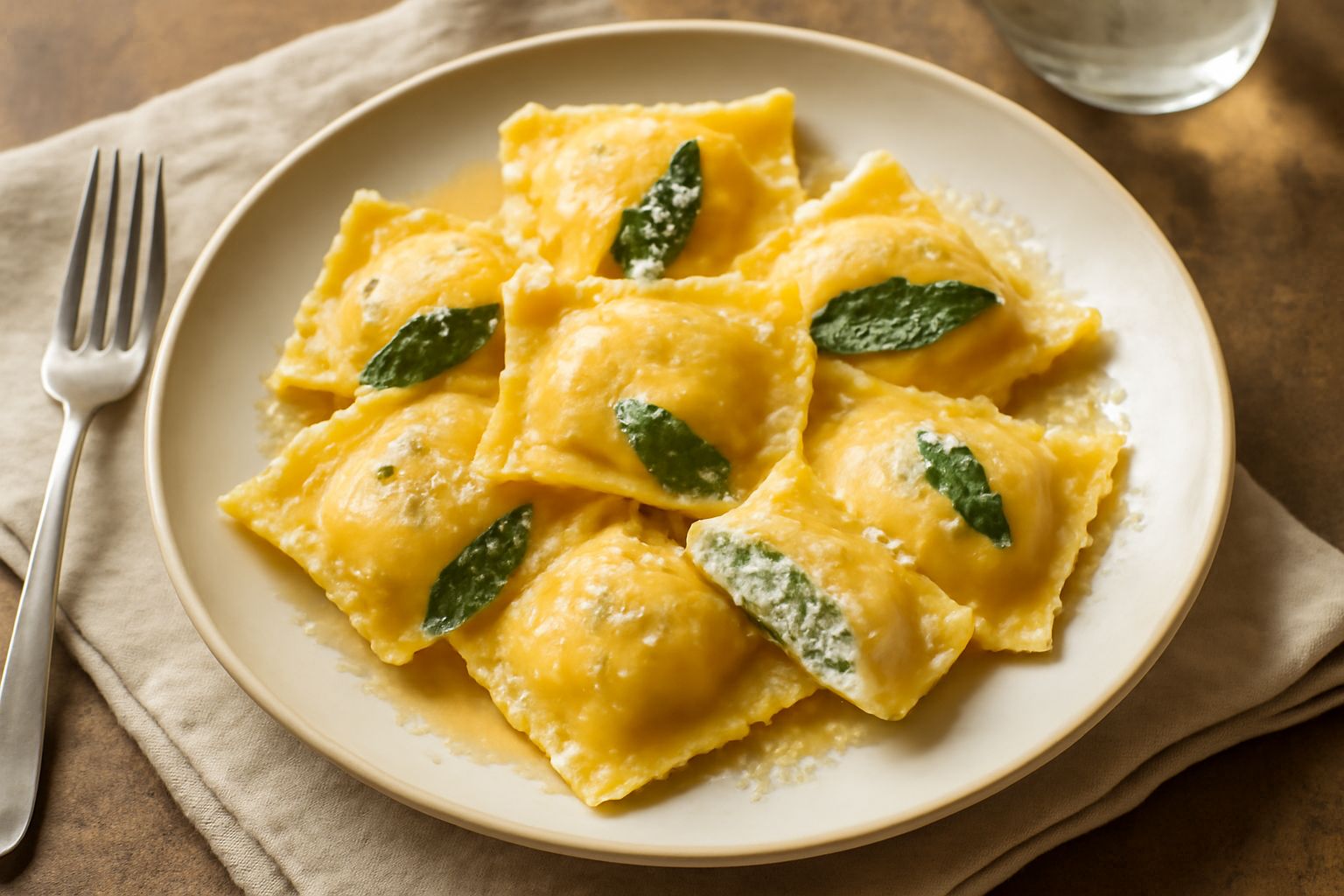Piatto bianco con sei ravioli quadrati di pasta all'uovo, ricoperti di burro fuso e foglie di salvia verde scuro, spruzzati di parmigiano grattugiato bianco, su sfondo di legno naturale