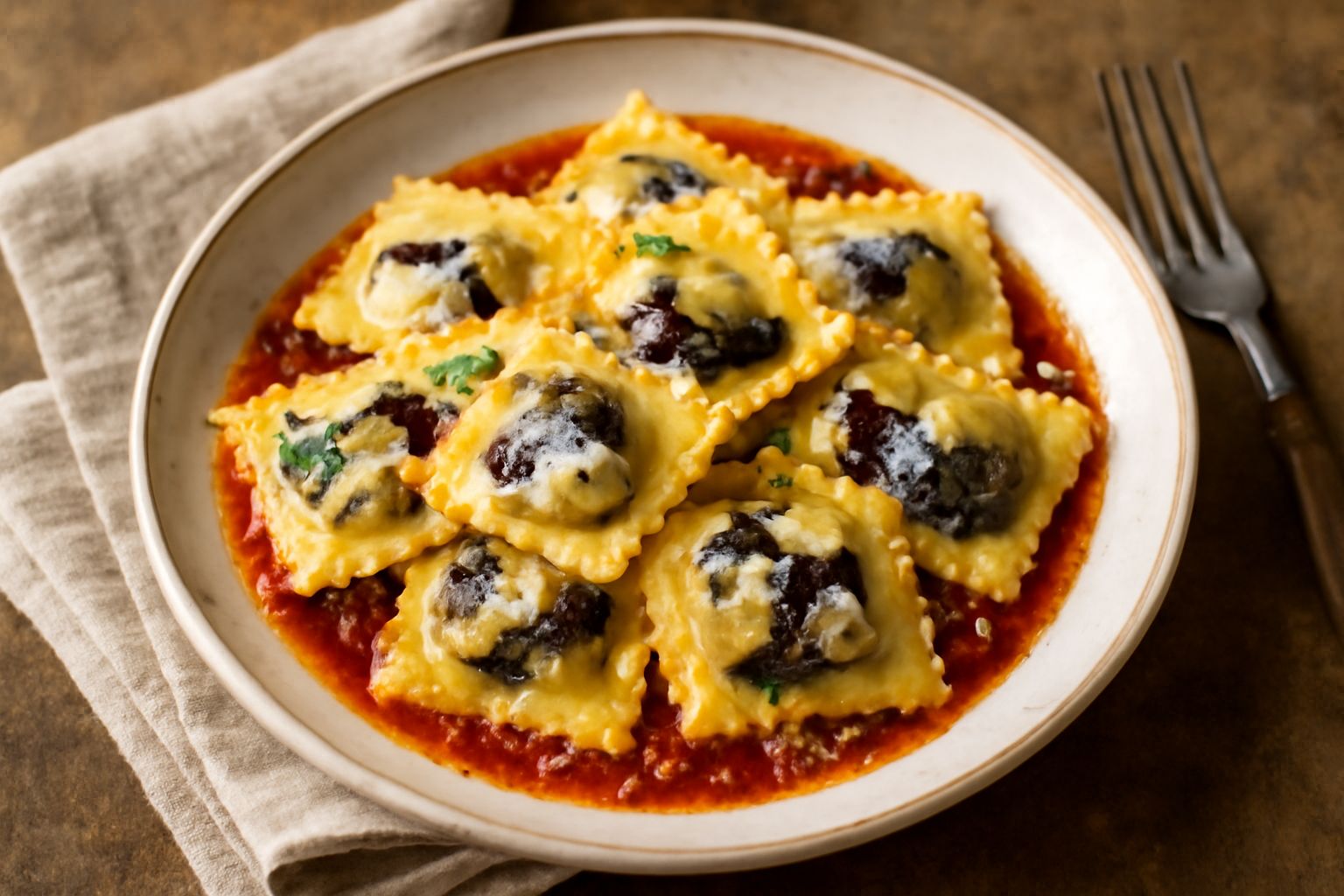 Ravioli quadrati di pasta fresca beige riempiti di ricotta e melanzane, serviti in piatto bianco con salsa di pomodoro rosso e basilico fresco verde, spolverati di parmigiano grattugiato