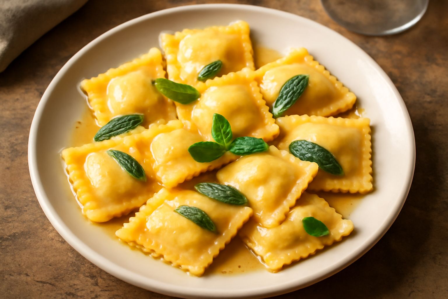 Ravioli quadrati di pasta all'uovo gialla serviti su piatto bianco con salsa di burro e salvia, due ravioli accostati lasciano intravedere il ripieno cremoso biancastro con puntini verde scuro di ment
