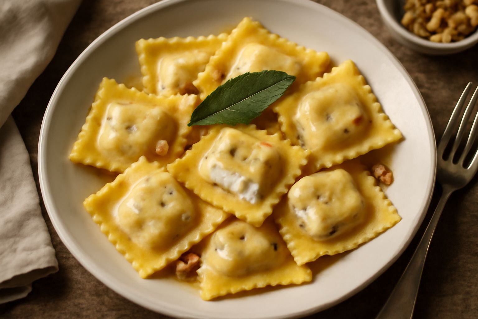 Ravioli quadrati di sfoglia giallo-dorata, riempiti di ricotta color bianco-crema con pezzetti di noce, serviti in un piatto bianco con burro fuso e foglia di salvia verde