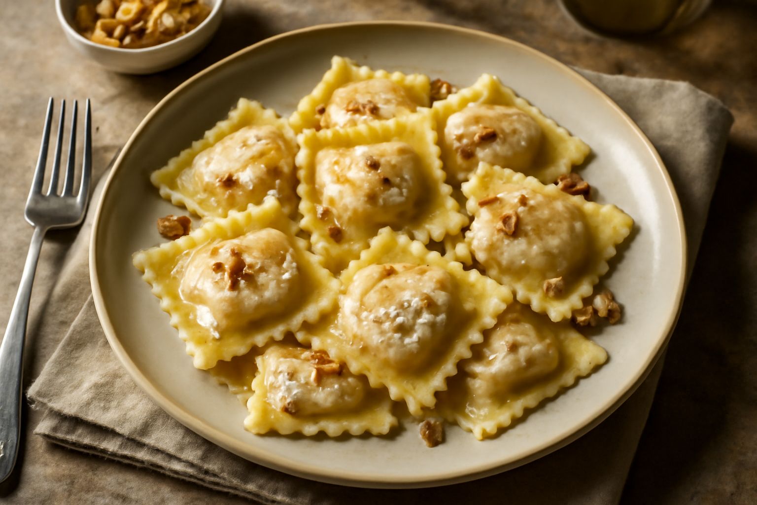 Ravioli quadrati ripieni di ricotta bianca e noci tritate, serviti in un piatto bianco con burro fuso e prezzemolo verde fresco, contorni sfumati di sfondo grigio